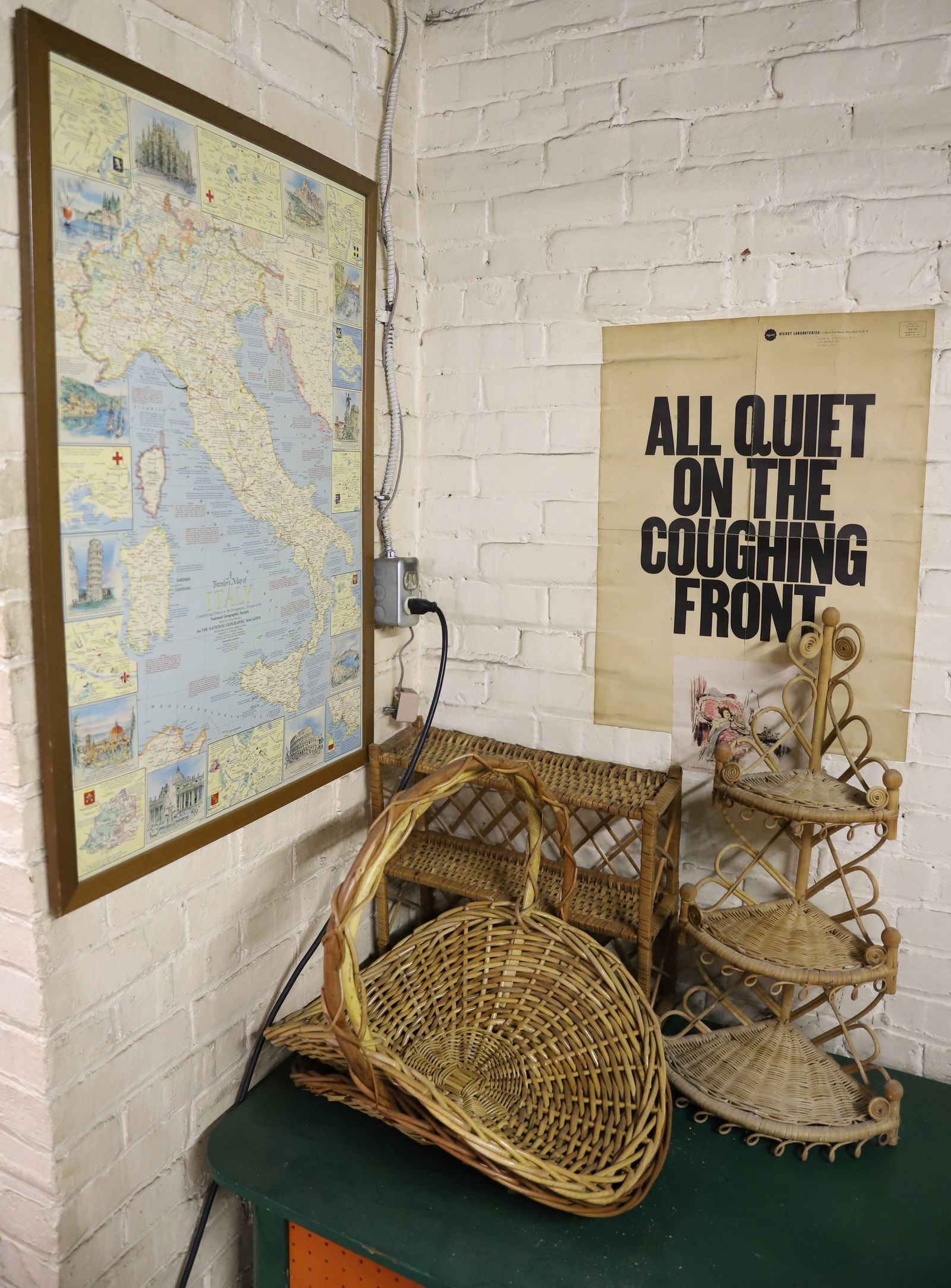 (9) WALL HANGINGS: MAP OF ITALY, TWO POODLES YARN WORK,WICKER SHELF, COAL SCOOP ETC 34" 24" PLEASE READ CAREFULLY – THIS IS AN ONSITE ONLINE ONLY AUCTION. The Address is 206 Market St. Bangor, Pa. 18013