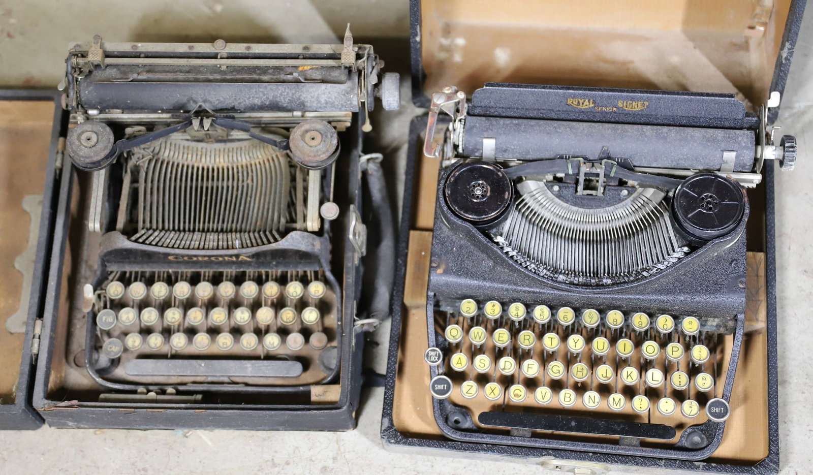 (2) VINTAGE TYPEWRITERS: EARLY CORONA IN CASE, ROYAL SIGNET IN CASE 12" X 12" X 12" PLEASE READ CAREFULLY – THIS IS AN ONSITE ONLINE ONLY AUCTION. The Address is 206 Market St. Bangor, Pa. 18013