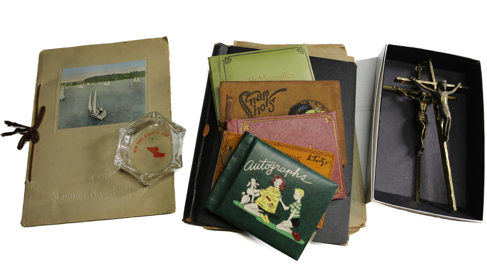 1921 CULVER NAVAL SCHOOL LOT: CULVER NAVAL SCHOOL BOOK, AUTOGRAPH BOOKS, 1950 SCRAP BOOK WITH PHOTOS ASHTRAYS, CATHOLIC RELIGIOUS ITEMS 10" X 12" PLEASE READ CAREFULLY – THIS IS AN ONSITE ONLINE ONLY AUCTION. The Address is 