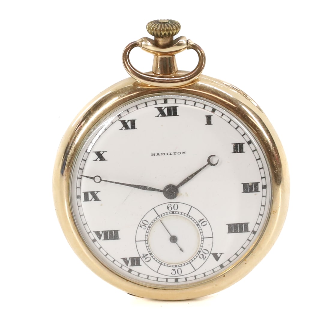 HAMILTON POCKET WATCH: 17 JEWEL, SERIAL# 1874619 - GOLD PLATED CASE PLEASE READ CAREFULLY BEFORE BIDDING. ALL PURCHASES OF GOLD OR SILVER VIA LIVE AUCTIONEERS MUST BE PAID FOR THROUGH THE LIVE AUCTIONEERS PAYMENT PROCESSING