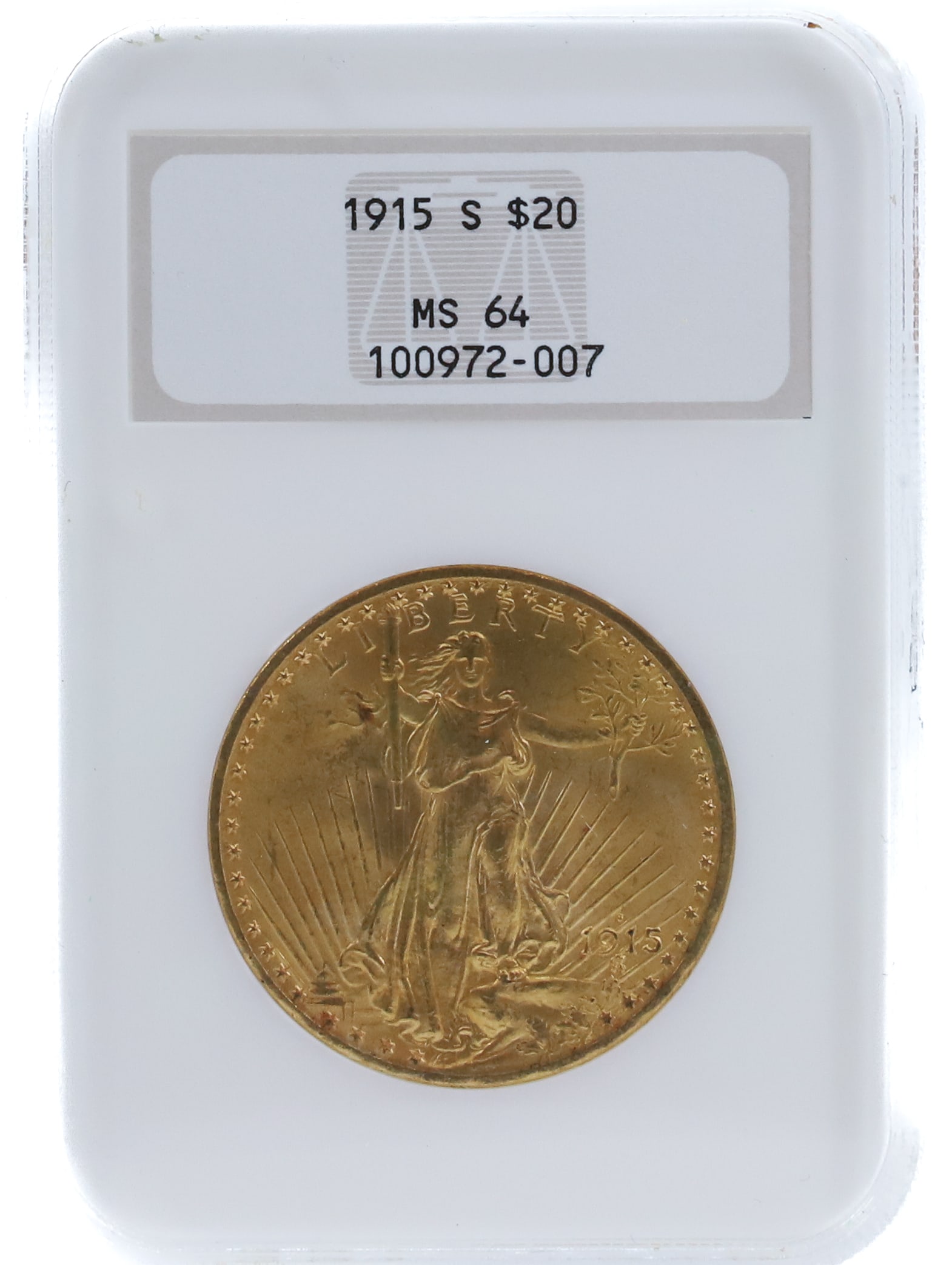 1915 S, $20.00 GRADED: NGC GRADED MS 64 PLEASE READ CAREFULLY BEFORE BIDDING. ALL PURCHASES OF GOLD OR SILVER VIA LIVE AUCTIONEERS MUST BE PAID FOR THROUGH THE LIVE AUCTIONEERS PAYMENT PROCESSING CENTER. NO IN-HOUSE CREDIT 