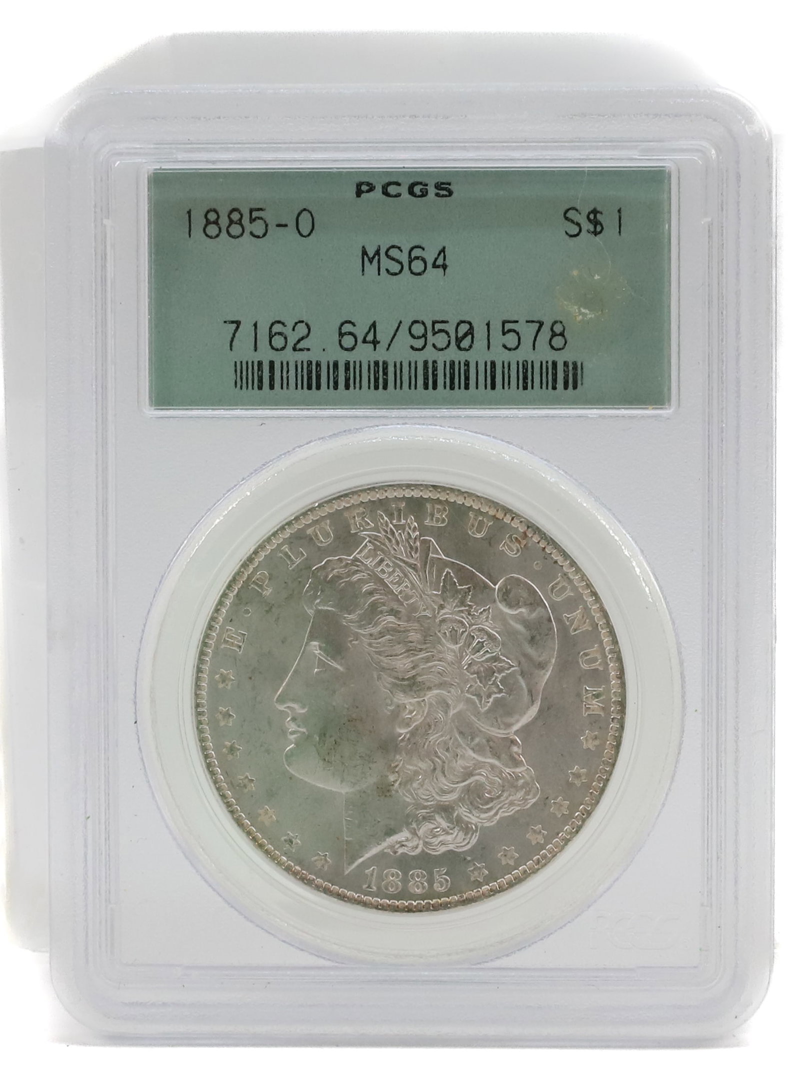 1885 O, MORGAN DOLLAR: PCGS GRADED, MS 64 PLEASE READ CAREFULLY BEFORE BIDDING. ALL PURCHASES OF GOLD OR SILVER VIA LIVE AUCTIONEERS MUST BE PAID FOR THROUGH THE LIVE AUCTIONEERS PAYMENT PROCESSING CENTER. NO IN-HOUSE CREDI