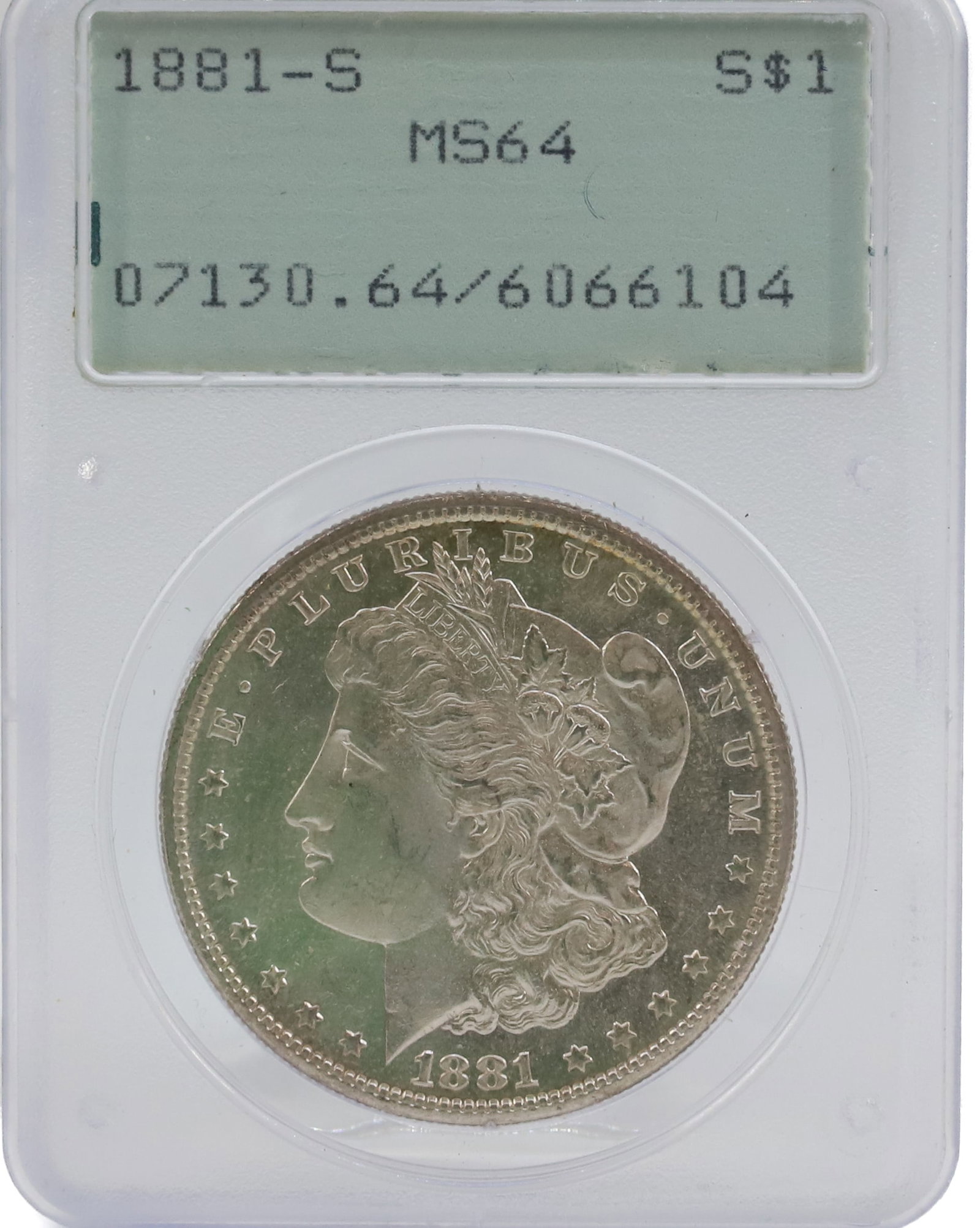 1881 S, MORGAN DOLLAR: PCGS GRADED, MS 64 PLEASE READ CAREFULLY BEFORE BIDDING. ALL PURCHASES OF GOLD OR SILVER VIA LIVE AUCTIONEERS MUST BE PAID FOR THROUGH THE LIVE AUCTIONEERS PAYMENT PROCESSING CENTER. NO IN-HOUSE CREDI