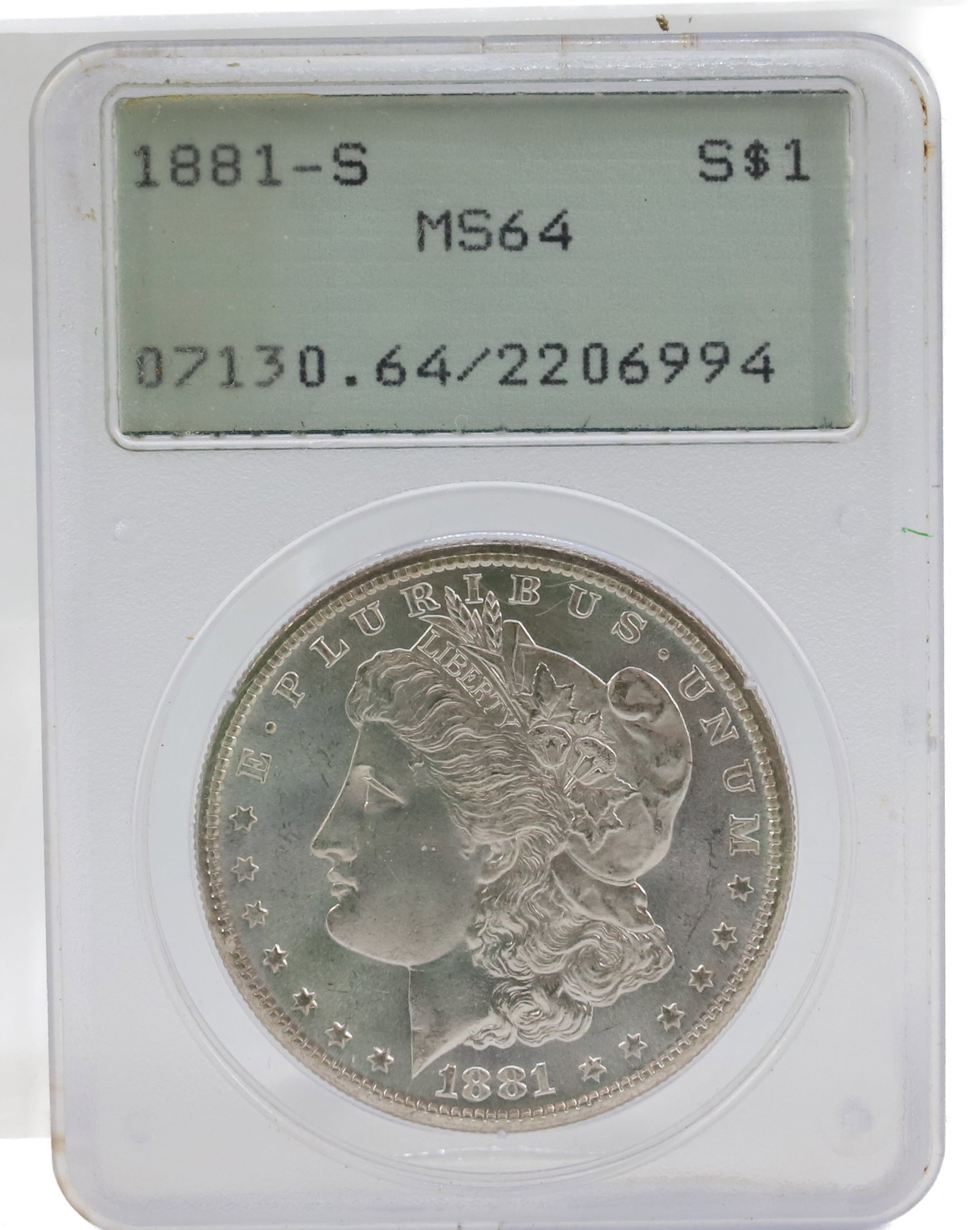 1881 S, MORGAN DOLLAR: PCGS GRADED, MS 64 PLEASE READ CAREFULLY BEFORE BIDDING. ALL PURCHASES OF GOLD OR SILVER VIA LIVE AUCTIONEERS MUST BE PAID FOR THROUGH THE LIVE AUCTIONEERS PAYMENT PROCESSING CENTER. NO IN-HOUSE CREDI