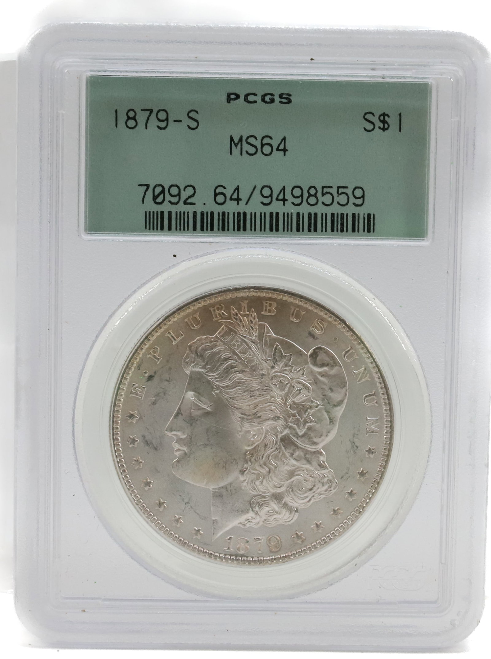 1879 S, MORGAN DOLLAR: PCGS GRADED, MS 64 PLEASE READ CAREFULLY BEFORE BIDDING. ALL PURCHASES OF GOLD OR SILVER VIA LIVE AUCTIONEERS MUST BE PAID FOR THROUGH THE LIVE AUCTIONEERS PAYMENT PROCESSING CENTER. NO IN-HOUSE CREDI