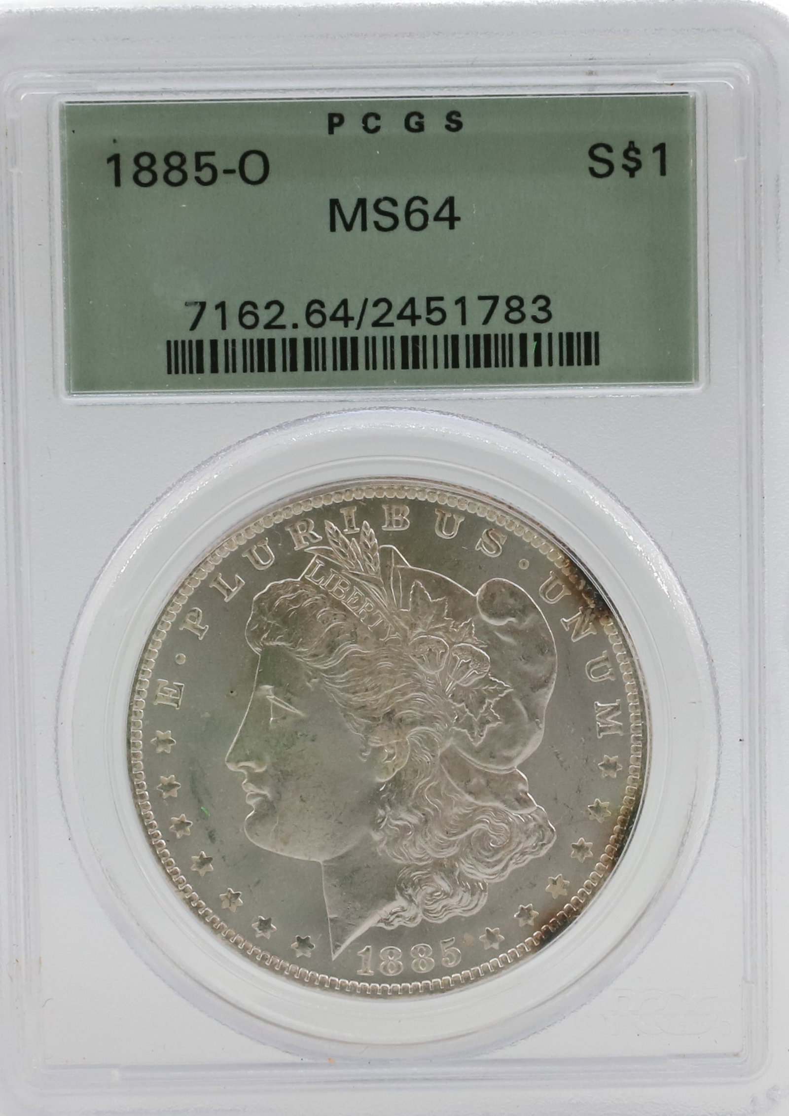 1885 O, MORGAN DOLLAR: PCGS GRADED, MS 64 PLEASE READ CAREFULLY BEFORE BIDDING. ALL PURCHASES OF GOLD OR SILVER VIA LIVE AUCTIONEERS MUST BE PAID FOR THROUGH THE LIVE AUCTIONEERS PAYMENT PROCESSING CENTER. NO IN-HOUSE CREDI