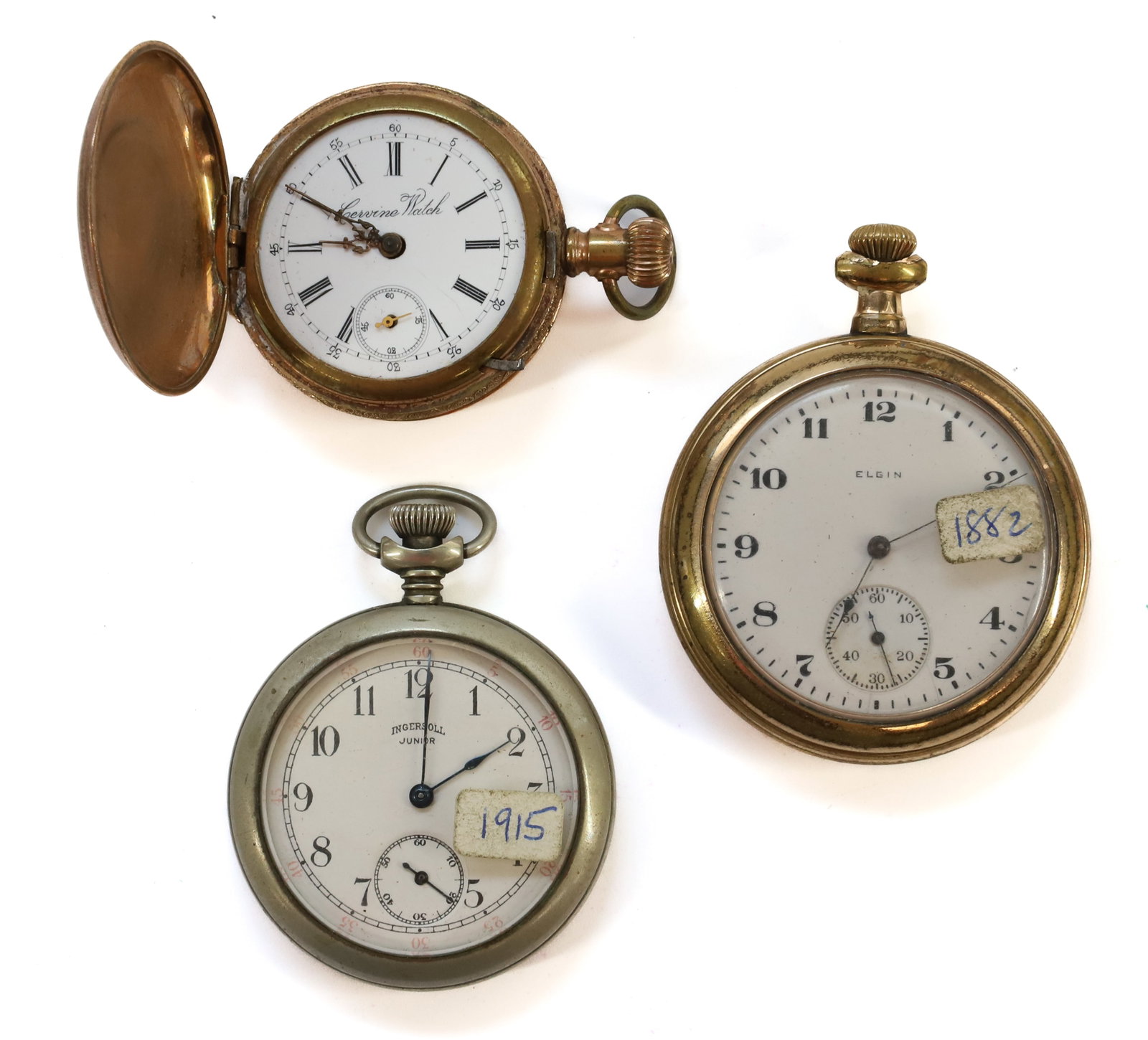 (3) POCKET WATCHES: INGERSOLL JUNIOR, ELGIN AND CERVINE 2 1/2" PLEASE READ CAREFULLY BEFORE BIDDING. ALL PURCHASES OF GOLD OR SILVER VIA LIVE AUCTIONEERS MUST BE PAID FOR THROUGH THE LIVE AUCTIONEERS PAYMENT PROCESSING C