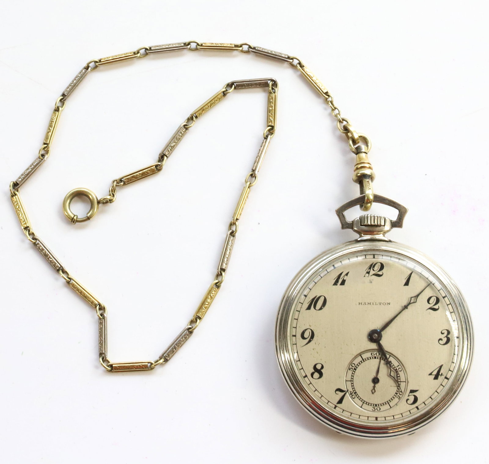 HAMILTON POCKET WATCH: WHITE GOLD FILLED 17 JEWELS WITH GOLD FILLED CHAIN 13" VERY CLEAN AND WORKING PLEASE READ CAREFULLY BEFORE BIDDING. ALL PURCHASES OF GOLD OR SILVER VIA LIVE AUCTIONEERS MUST BE PAID FOR THROUGH THE LI