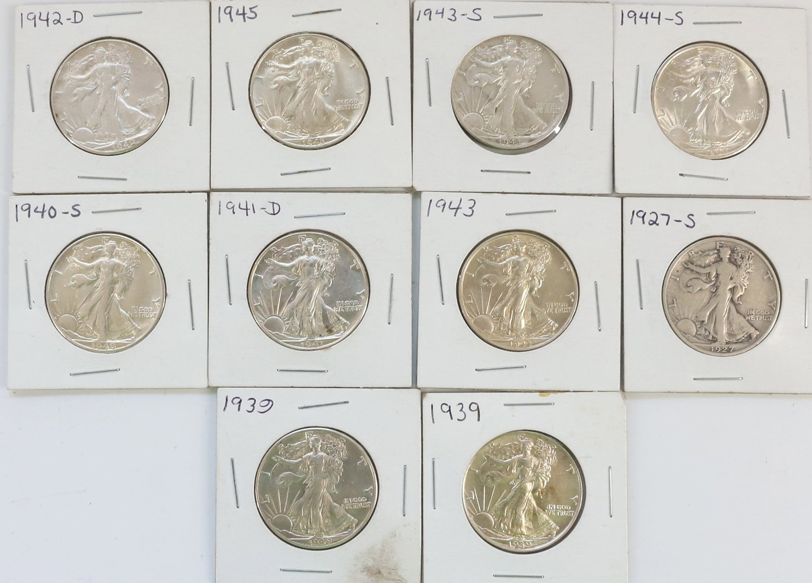 LOT OF WALKING LIBERTY HALF DOLLARS: (10) INCLUDING - (2) 1939, 1927 S, 1943, 1940 S, 1941 D, 1945, 1944 S, 1943 S, AND 1942 D PLEASE READ CAREFULLY BEFORE BIDDING. ALL PURCHASES OF GOLD OR SILVER VIA LIVE AUCTIONEERS MUST BE PAID FOR TH