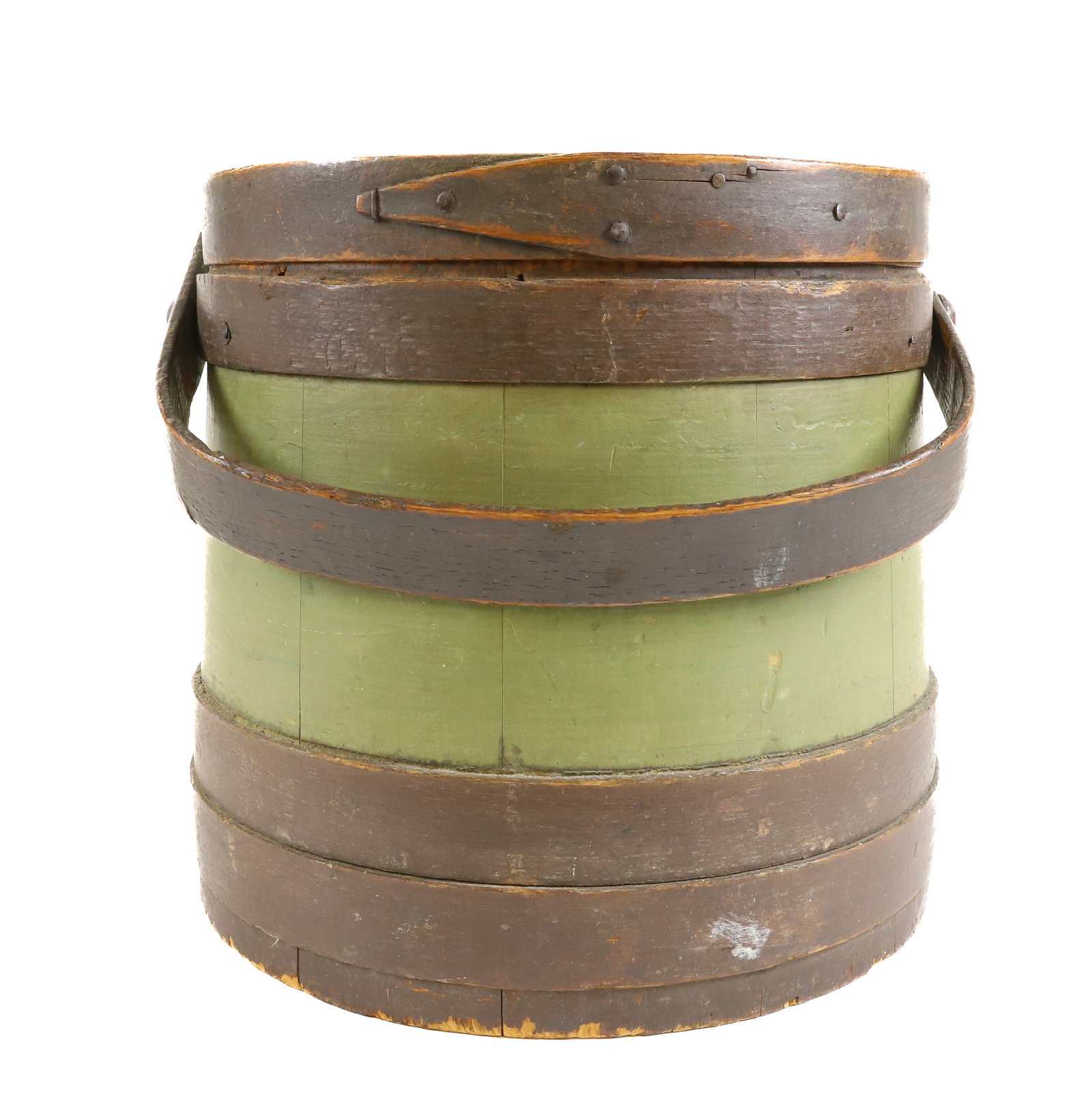 PAINTED WOODEN FIRKIN: GREEN AND BROWN ORIGINAL PAINT. BENTWOOD HANDLE. 9 3/4" X 10" BOTTOM DIAMETER. PLEASE READ CAREFULLY - Terms for Purchasing and Shipping of Auction Items. Please read carefully before bidding. All pay