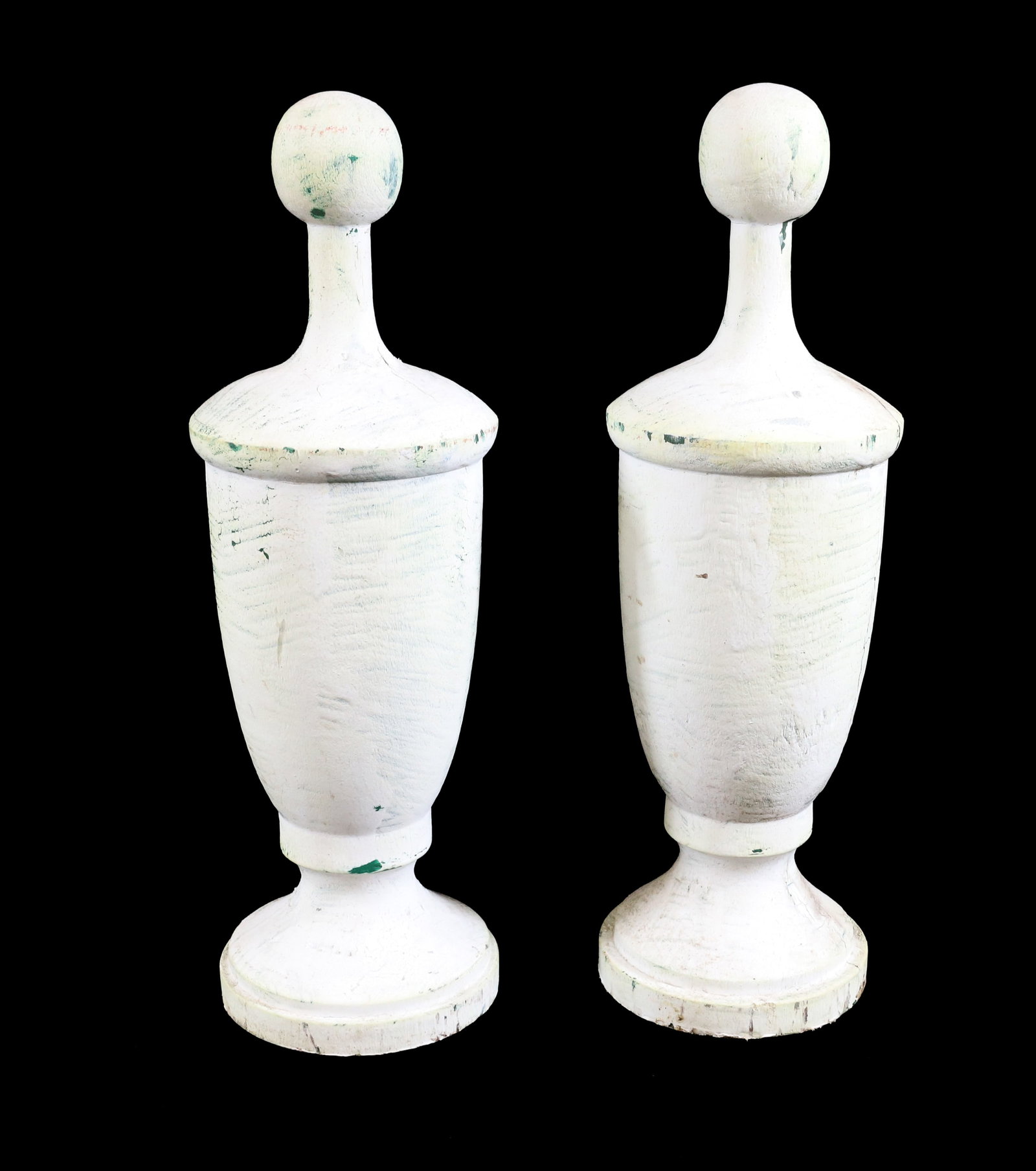 PAIR OF PAINTED FINIALS: WOODEN FINIALS PAINTED WHITE. 11 1/4" AND 11 1/2" HEIGHTS. PLEASE READ CAREFULLY - Terms for Purchasing and Shipping of Auction Items. Please read carefully before bidding. All payments for purchases 