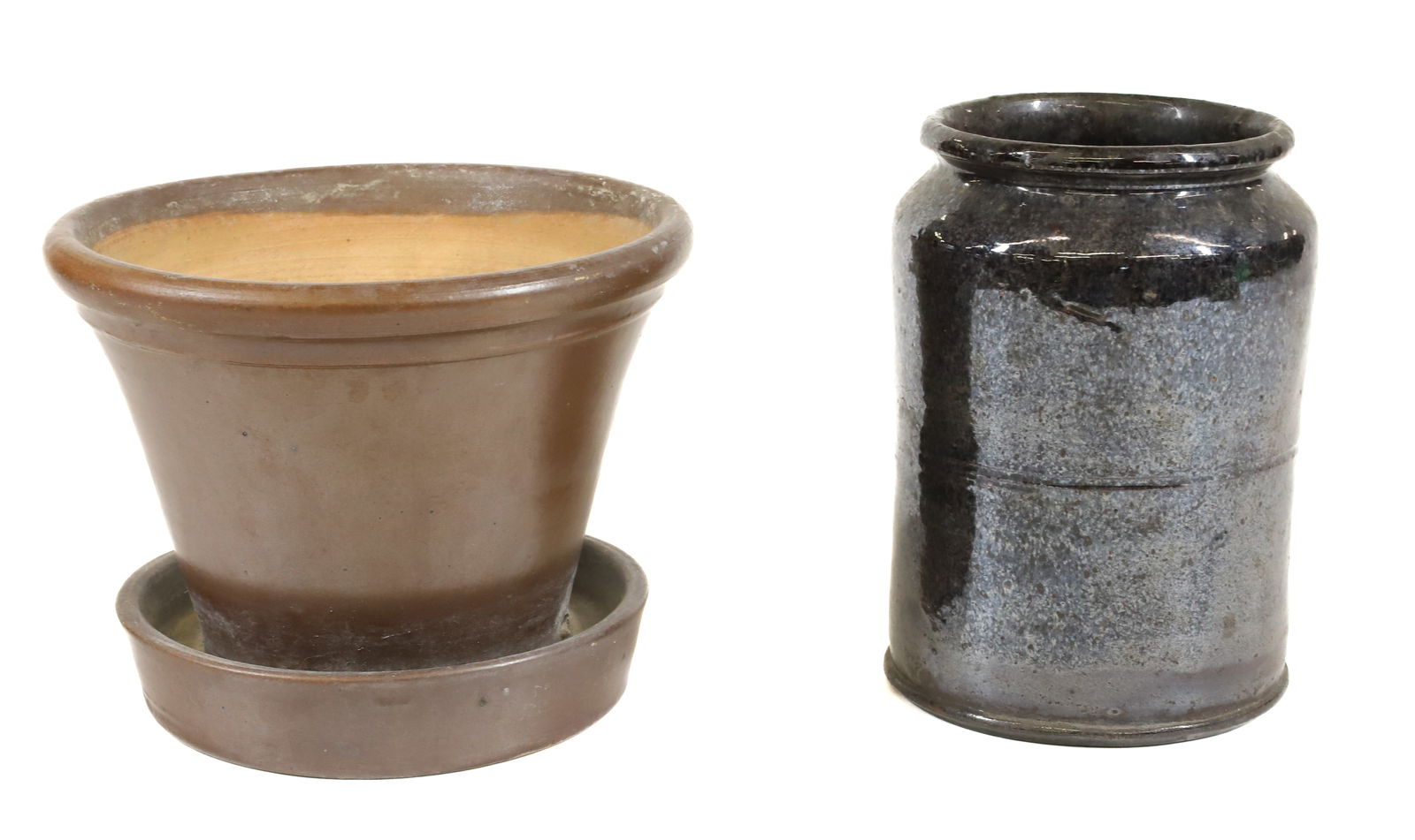 POTTERY PRESERVE JAR AND FLOWERPOT: REDWARE GLAZED JAR 5 3/4" H. AND POTTERY FLOWER POT WITH BROWN GLAZE. 5" X 6 1/4". PLEASE READ CAREFULLY - Terms for Purchasing and Shipping of Auction Items. Please read carefully before bidding. All