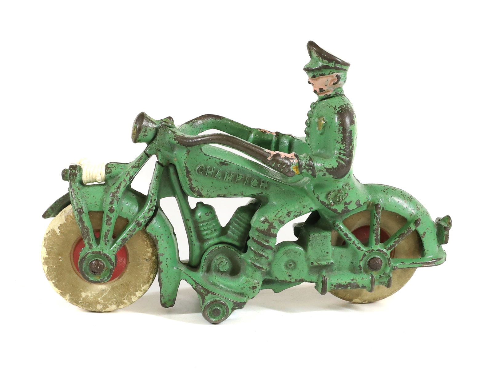 GREEN "CHAMPION" POLICE MOTORCYCLE: CAST IRON IN GREEN PAINT. 7" L. PLEASE READ CAREFULLY - Terms for Purchasing and Shipping of Auction Items. Please read carefully before bidding. All payments for purchases will be made through LiveAu