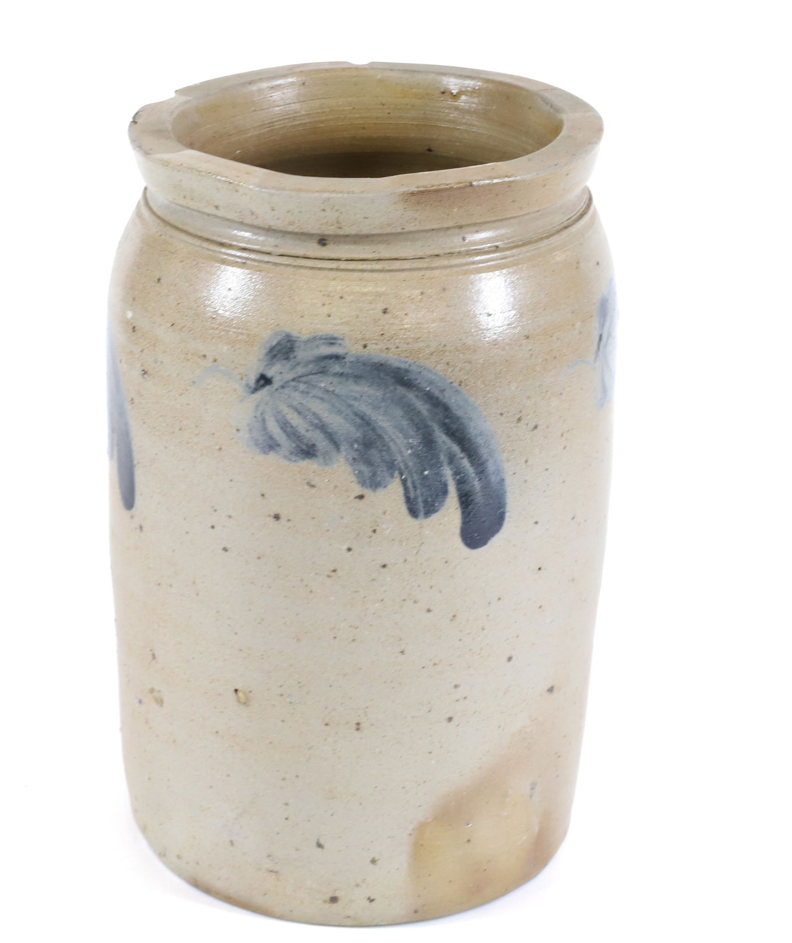 BLUE DECORATED STONEWARE JAR: BLUE LEAF DECORATION. 11 1/4" H. PLEASE READ CAREFULLY - Terms for Purchasing and Shipping of Auction Items. Please read carefully before bidding. All payments for purchases will be made through LiveA