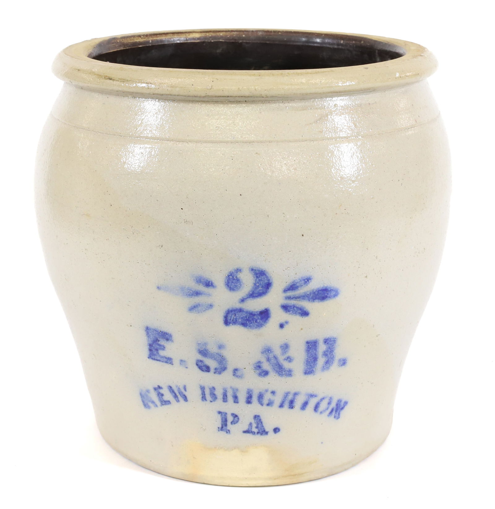 TWO-GALLON STONEWARE CROCK: STENCILED "2" AND "E.S.&B., NEW BRIGHTON, PA". PLEASE READ CAREFULLY - Terms for Purchasing and Shipping of Auction Items. Please read carefully before bidding. All payments for purchases will be made