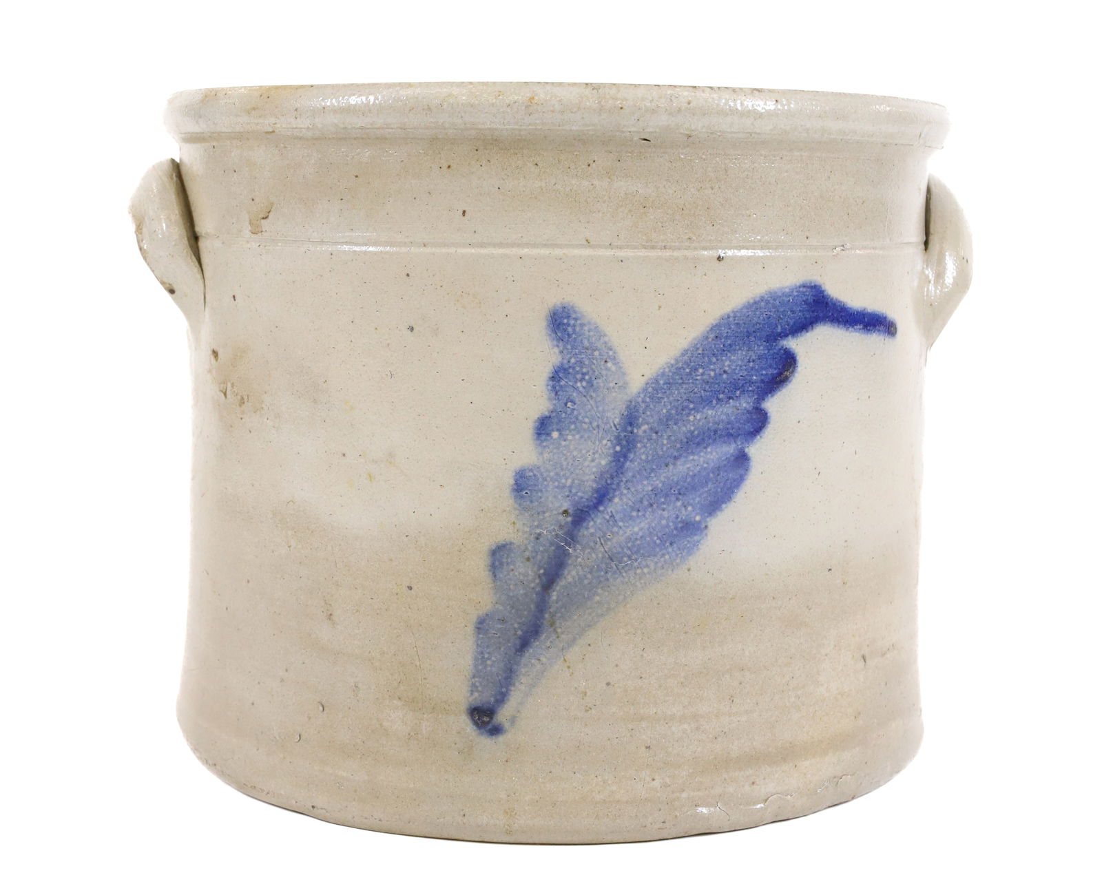 BLUE DECORATED STONEWARE CROCK: LEAF DECORATION. 7" X 8 1/2". PLEASE READ CAREFULLY - Terms for Purchasing and Shipping of Auction Items. Please read carefully before bidding. All payments for purchases will be made through LiveAuct