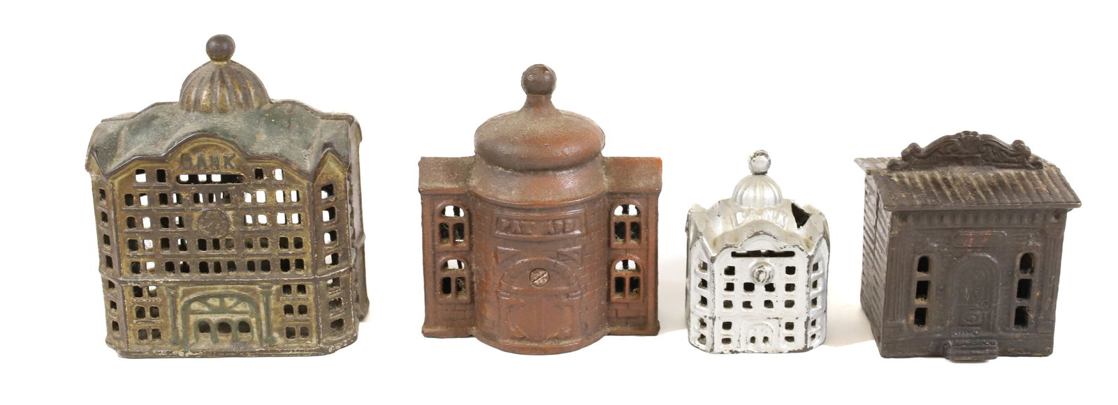(4) CAST IRON BANKS: PAINTED BANK BUILDINGS IN VARIOUS SIZES AND STYLES. INCLUDING: "PRESTO" BANK IN BROWN PAINT 4 3/8" H. LARGEST IS 4 3/4" H. PLEASE READ CAREFULLY - Terms for Purchasing and Shipping of Auction Items. P
