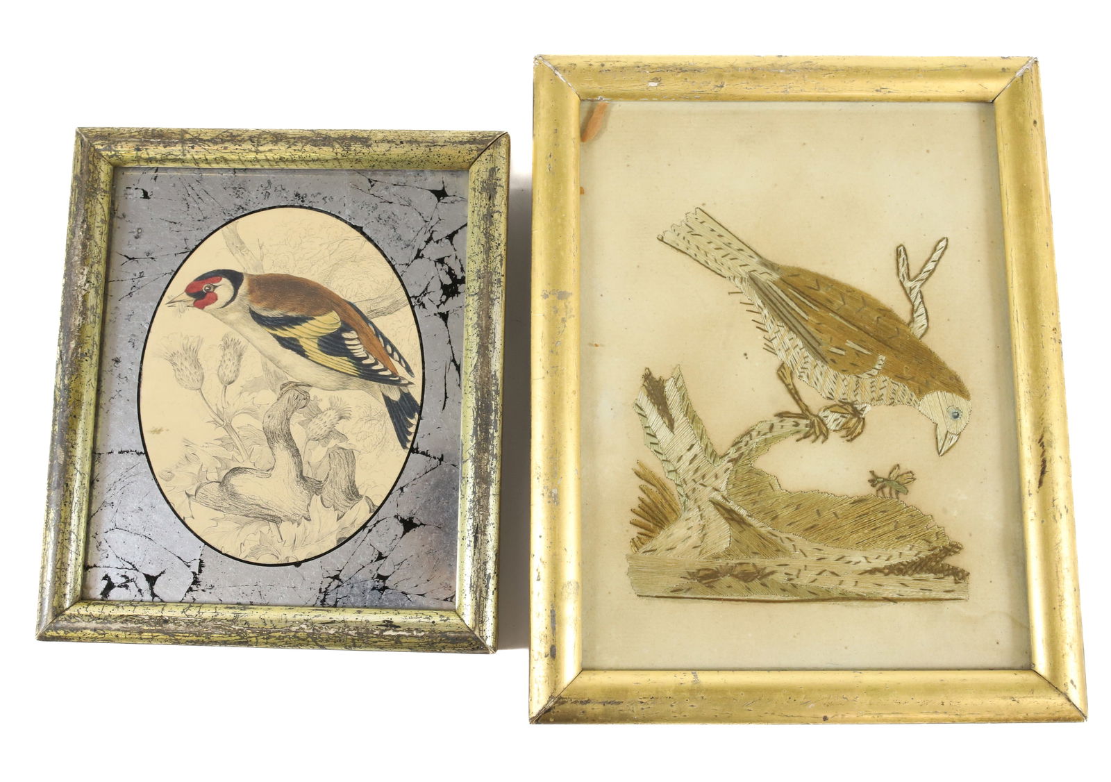 FRAMED SILK BIRD AND HAND COLORED PRINT (1 of 4)