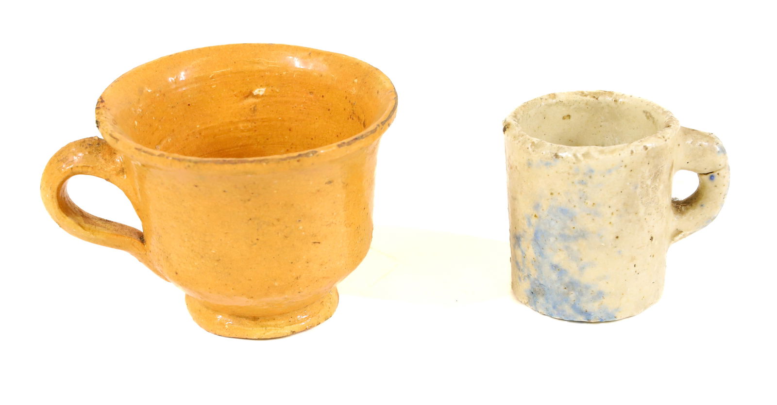 MINIATURE REDWARE AND STONEWARE: STONEWARE MUG 1 5/8" H. AND REDWARE HANDLED CUP 2" X 2 1/2". PLEASE READ CAREFULLY - Terms for Purchasing and Shipping of Auction Items. Please read carefully before bidding. All payments for purchase
