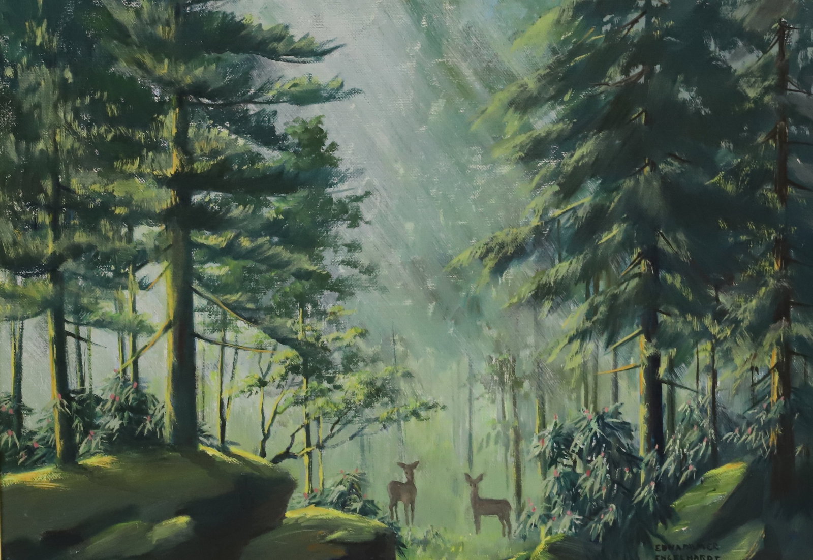 EDNA PALMER ENGELHARDT OIL ON CANVAS: DEER IN FOREST. SGND. LOWER RIGHT. FRAMED. SIGHT VIEW 18" X 24". PLEASE READ CAREFULLY - Terms for Purchasing and Shipping of Auction Items. Please read carefully before bidding. All payments for purc