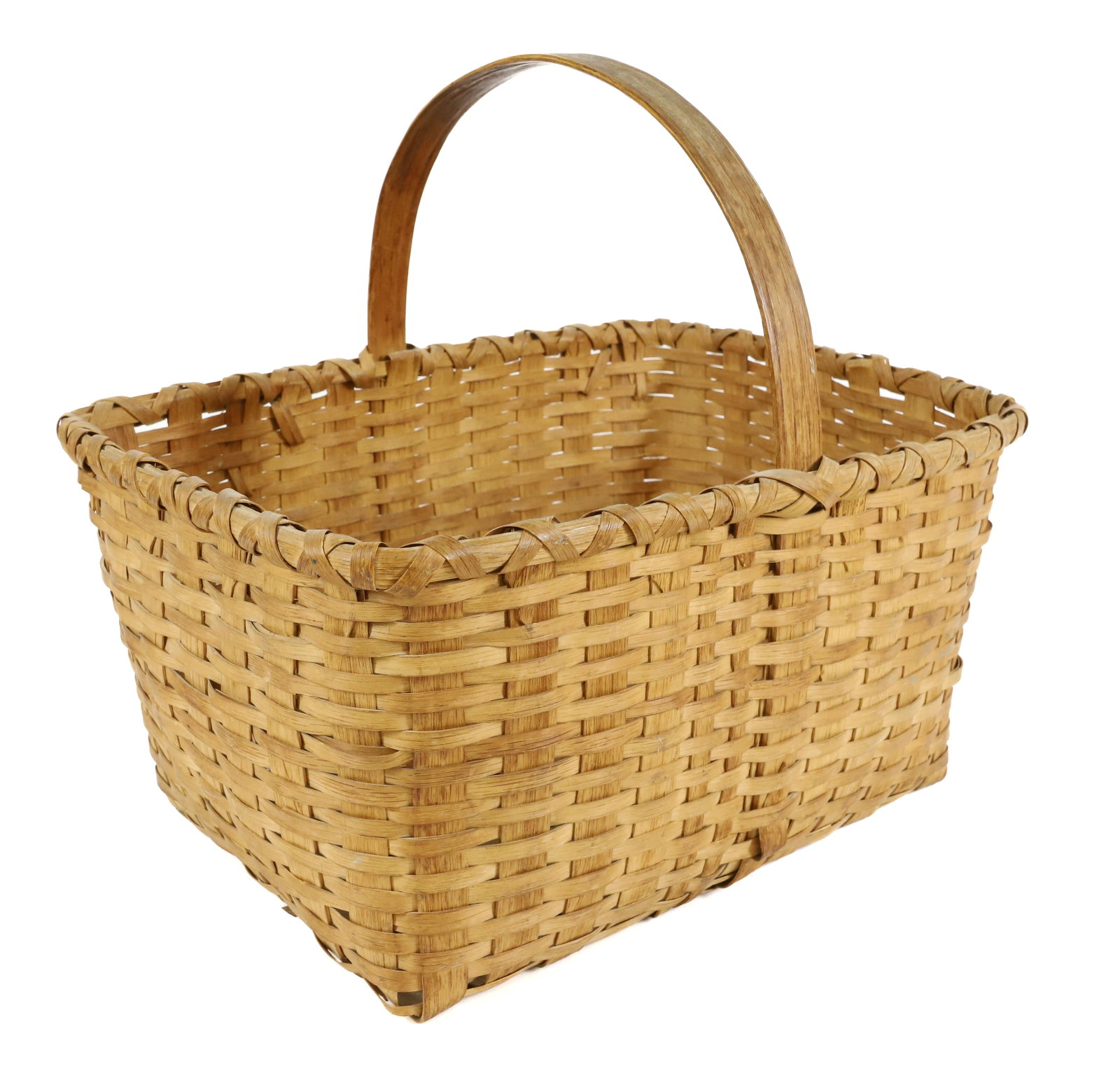 19TH CENTURY GATHERING BASKET: WRAPPED RIM WITH BENTWOOD HANDLE, 8" X 16" X 11 1/2" PLEASE READ CAREFULLY - Terms for Purchasing and Shipping of Auction Items. Please read carefully before bidding. All payments for purchases will b