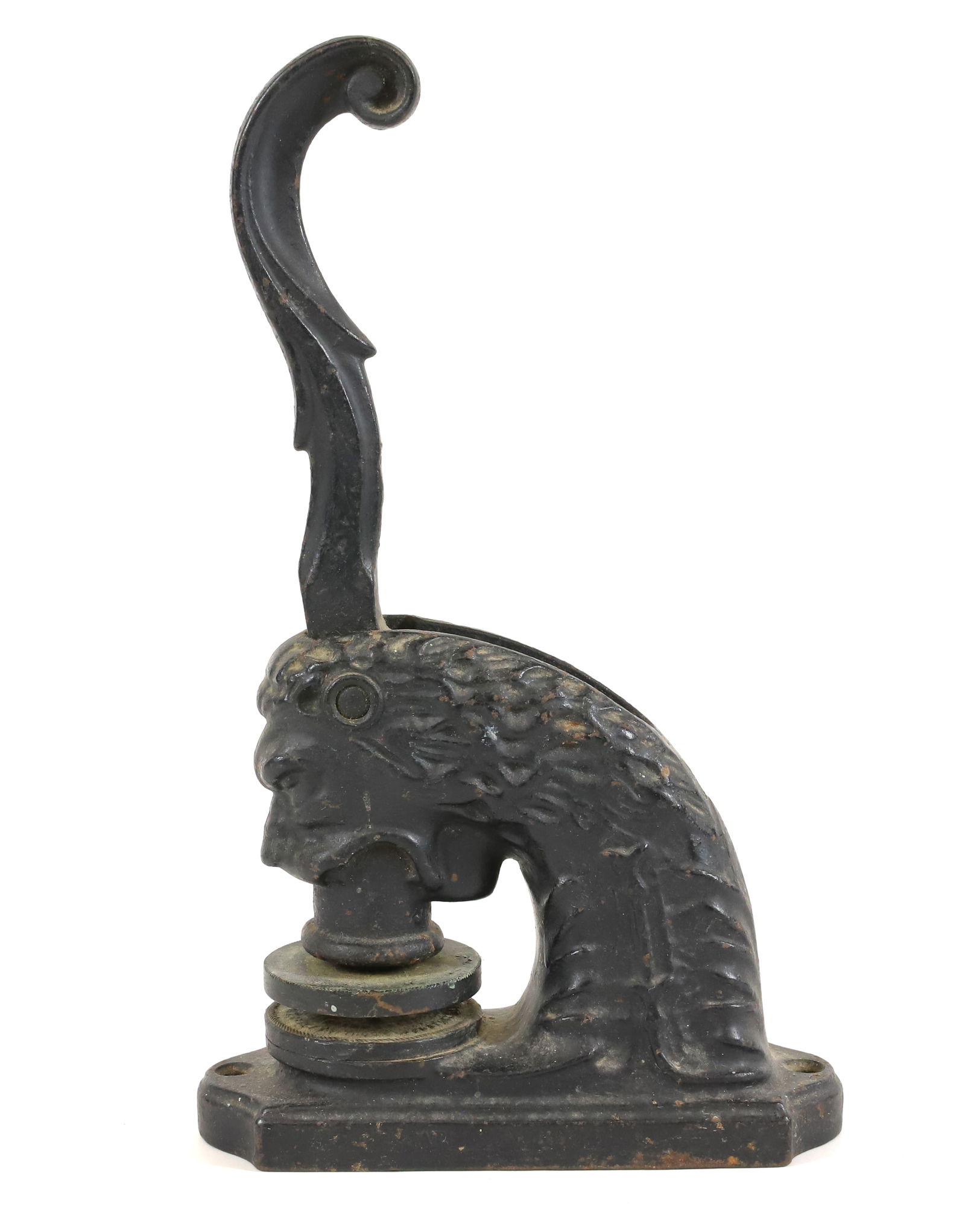 CAST IRON NOTARY STAMP: PAINTED BLACK, IN THE FORM OF A LION - PATENTED, 1884 WITH PATERSON, NEW JERSEY IMPRESSION - 10" H PLEASE READ CAREFULLY - Terms for Purchasing and Shipping of Auction Items. Please read carefully bef