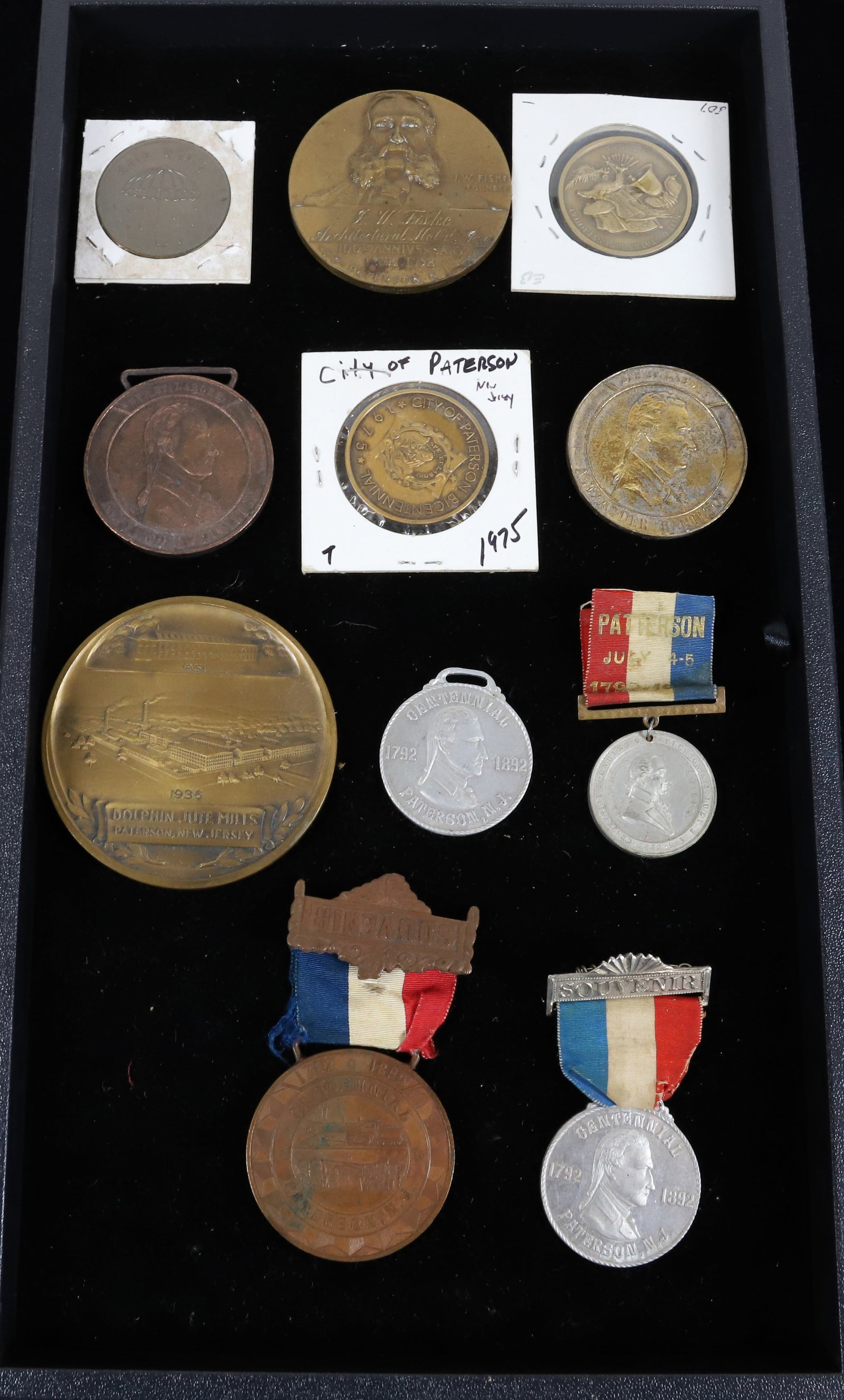 LOT OF PATERSON, NEW JERSEY MEDALS AND BRONZES: INCLUDING; 1792 TO 1892 CENTENNIAL, 85TH ANNIVERSARY OF DOLPHIN JUTE MILLS, FISKE MEDALS 1858 TO 1958 AND MORE PLEASE READ CAREFULLY - Terms for Purchasing and Shipping of Auction Items. Please read c
