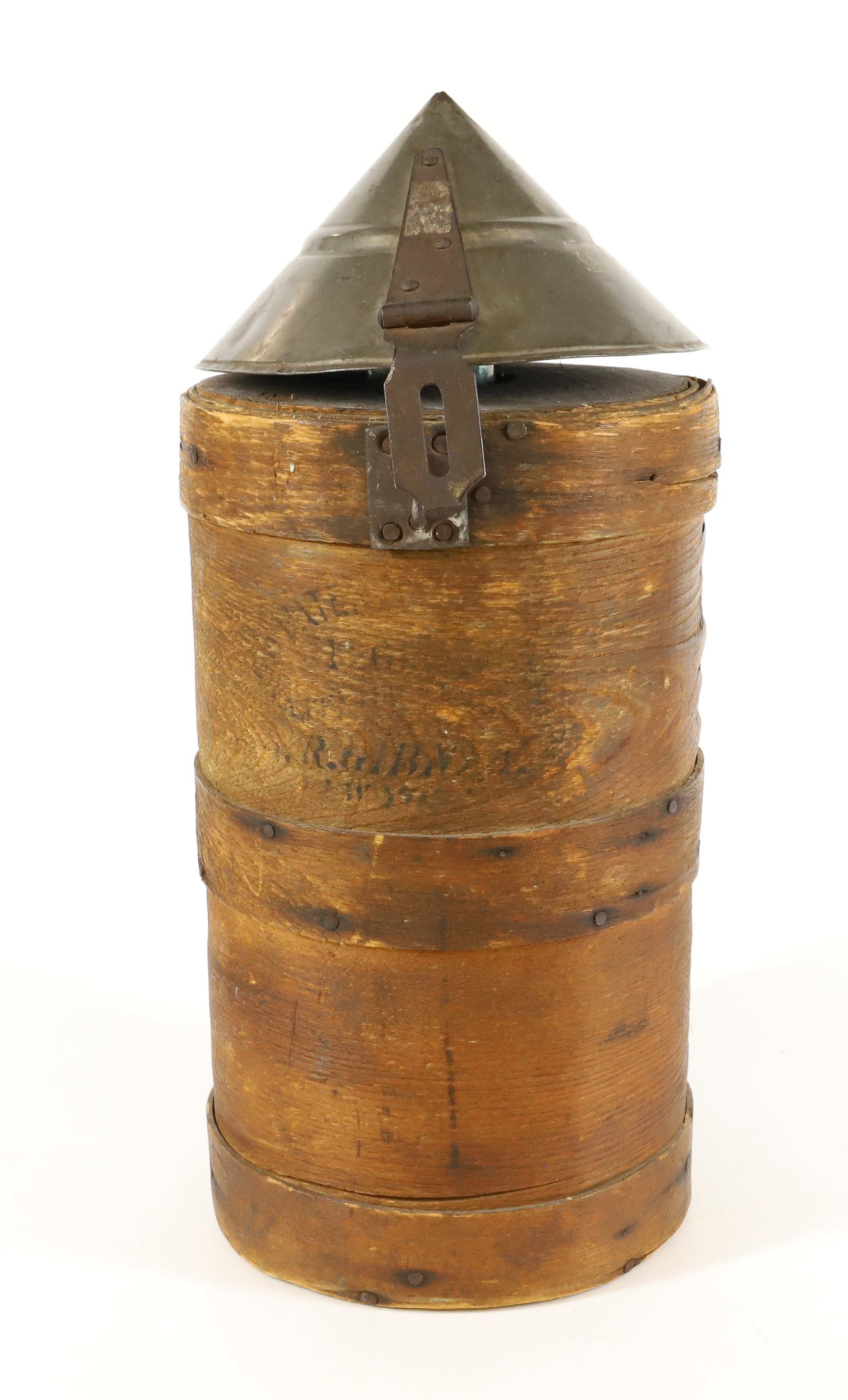GLASS BOTTLE IN WOODEN HOLDER: WITH UNUSUAL CONICAL TIN LID, FAINT STENCILING ON FRONT - 17 1/2" PLEASE READ CAREFULLY - Terms for Purchasing and Shipping of Auction Items. Please read carefully before bidding. All payments for pur