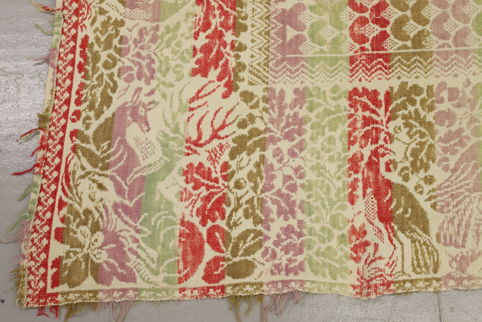 19TH C. FOUR-COLOR COVERLET: UNUSUAL PATTERN WITH DEER, BIRDS AND DOMED BUILDING. 73" X 76". PLEASE READ CAREFULLY - Terms for Purchasing and Shipping of Auction Items. Please read carefully before bidding. All payments for purch