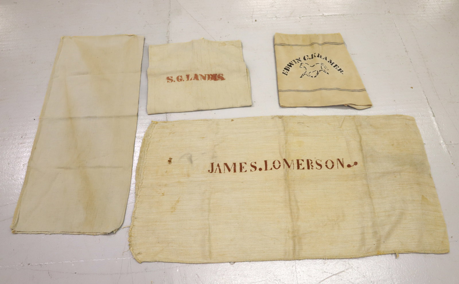 LOT OF HOMESPUN FEED BAGS: STENCILED "S.G. LANDIS, JAMES LOMERSON AND EDWIN C. KRAMER WITH TROTTING HORSE. PLEASE READ CAREFULLY - Terms for Purchasing and Shipping of Auction Items. Please read carefully before bidding. All pa