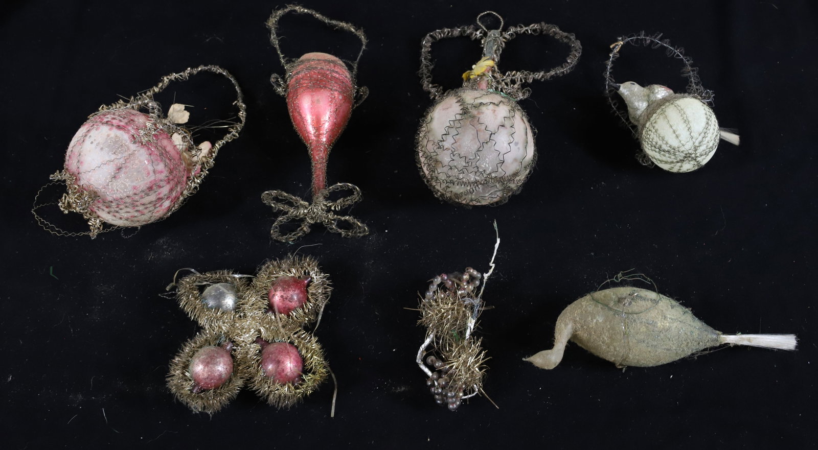 LOT OF ANTIQUE CHRISTMAS ORNAMENTS: GLASS AND TINSEL. INCLUDING WINE GLASS, BIRD ON NEST, FLOWER BASKET AND MORE. LARGEST 7" L. PLEASE READ CAREFULLY - Terms for Purchasing and Shipping of Auction Items. Please read carefully before bid