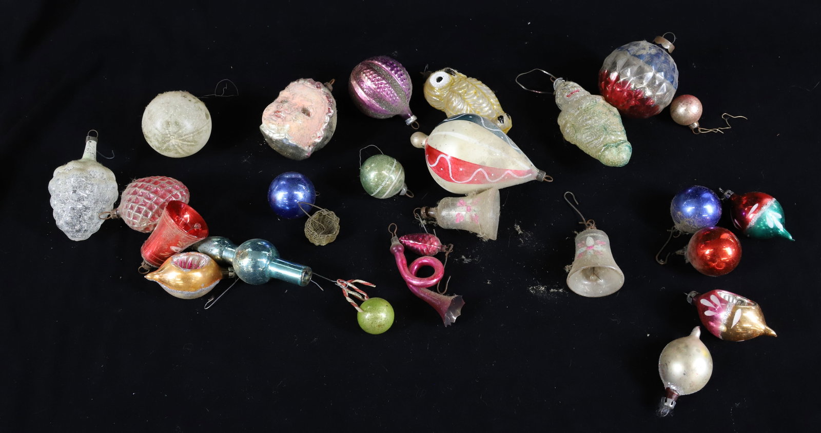 LOT OF ANTIQUE CHRISTMAS ORNAMENTS: INCLUDING: BABY HEAD WITH BONNET 2 1/4" L., OWL, PEAR, GRAPES AND MORE. PLEASE READ CAREFULLY - Terms for Purchasing and Shipping of Auction Items. Please read carefully before bidding. All payments f