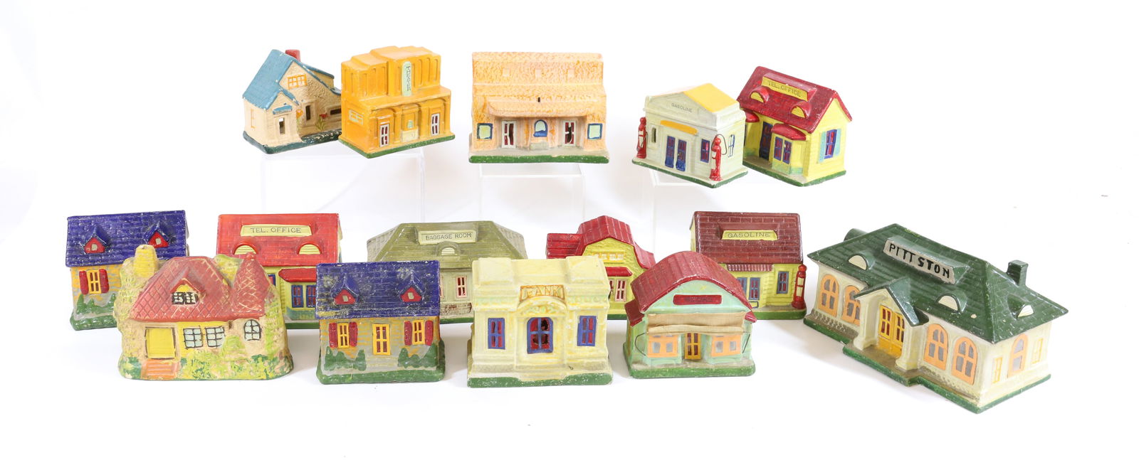 (15) MOLDED BUILDINGS: PAINTED BUILDINGS WITH CELLOPHANE WINDOWS. MRKD. "MADE IN JAPAN". LARGEST 7 1/2" L. PLEASE READ CAREFULLY - Terms for Purchasing and Shipping of Auction Items. Please read carefully before bidding. Al