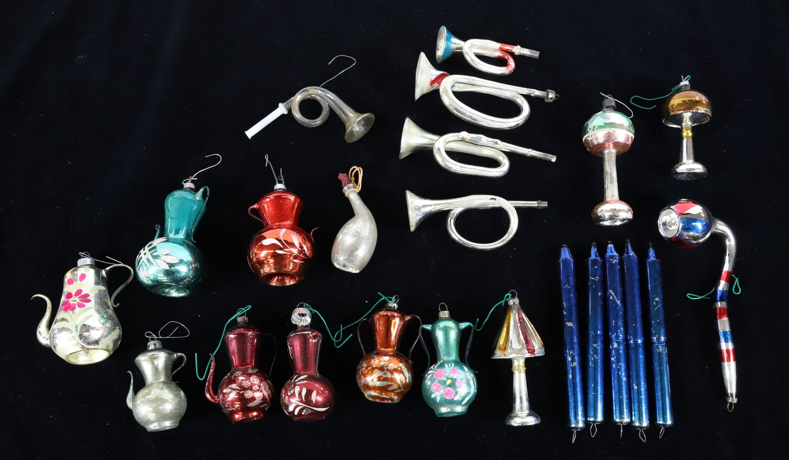 LOT OF ANTIQUE CHRISTMAS ORNAMENTS: BLOWN GLASS LAMPS, TEAPOTS, TRUMPETS, PIPES, CANDLES AND MORE. PIPE IS LARGEST AT 6" L. PLEASE READ CAREFULLY - Terms for Purchasing and Shipping of Auction Items. Please read carefully before bidding
