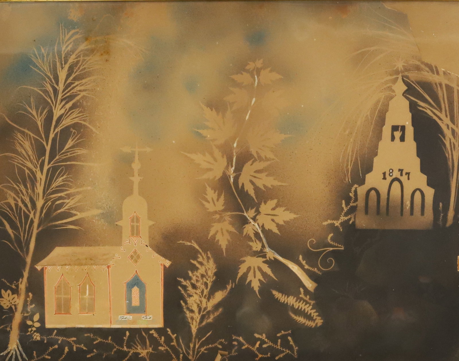 19TH C. FRAMED WATERCOLOR ON PAPER: CHURCH AND TOWER DATED 1877. LEAVES/BRANCHES USED TO MAKE TREE "STENCILS". WALNUT FRAME. 20 1/2" X 25 1/2" TOTAL SIZE. PLEASE READ CAREFULLY - Terms for Purchasing and Shipping of Auction Items. Pleas