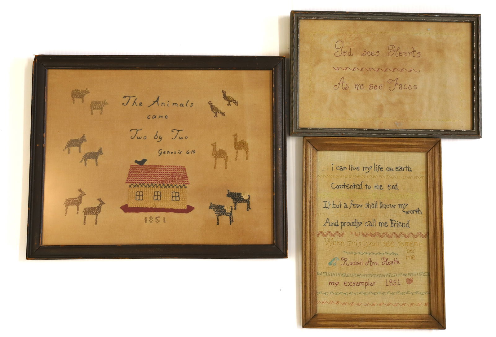 LOT OF FOLK ART SAMPLERS: (3) CONTEMPORARY FRAMED SAMPLERS. LARGEST 12" X 15" TOTAL SIZE. DONE BY MARCIA MARCANTONIO 1989-1993. PLEASE READ CAREFULLY - Terms for Purchasing and Shipping of Auction Items. Please read carefully