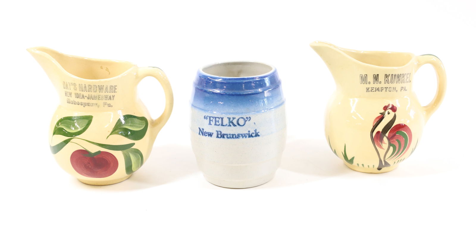 (2) WATT POTTERY ADVERTISING PITCHERS, MEHOOPANY / KEMPTON (1 of 5)