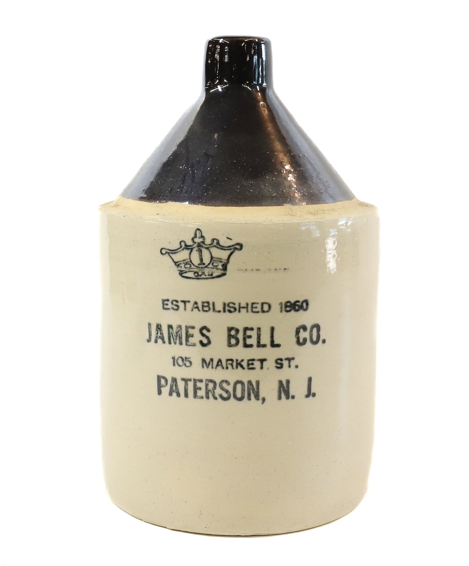 PATERSON, NJ STAMPED ADVERTISING JUG: JAMES BELL CO., 105 MARKET ST.. 11 1/2" H. PLEASE READ CAREFULLY - Terms for Purchasing and Shipping of Auction Items. Please read carefully before bidding. All payments for purchases will be made thr