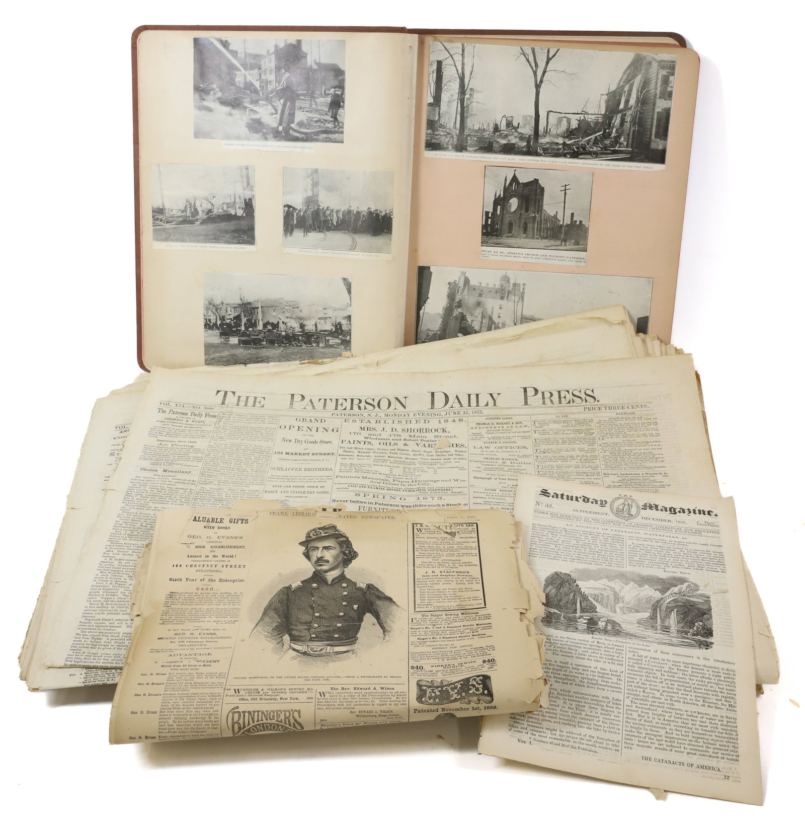 1873 PATERSON "DAILY PRESS" NEWSPAPERS AND SCRAPBOOK: TWENTY PLUS NEWSPAPERS AND SCRAPBOOK OF CLIPPINGS ABOUT PATERSON FIRE. PLEASE READ CAREFULLY - Terms for Purchasing and Shipping of Auction Items. Please read carefully before bidding. All payments fo
