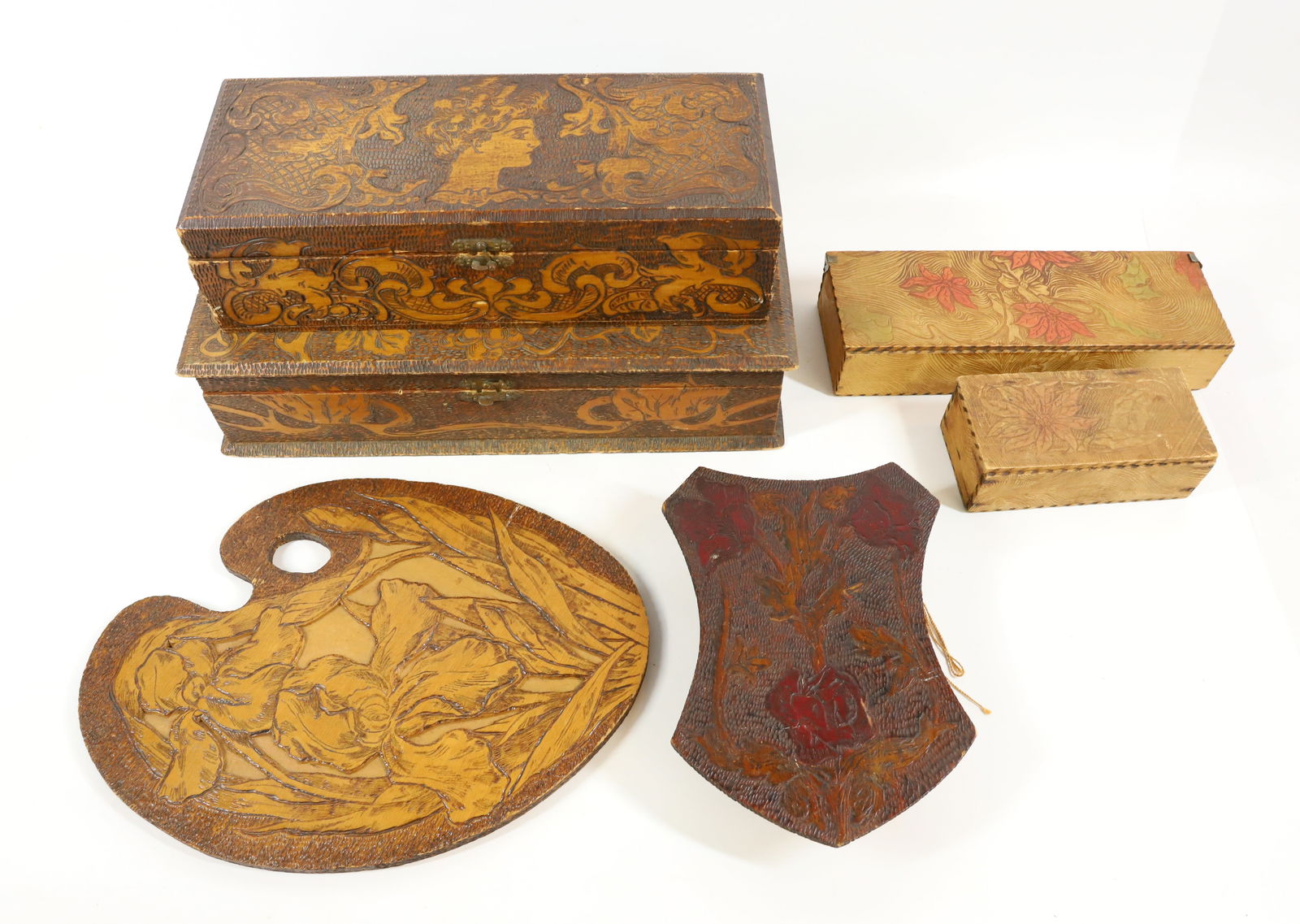 LOT OF PYROGRAPHY DECORATED BOXES AND MORE (1 of 8)