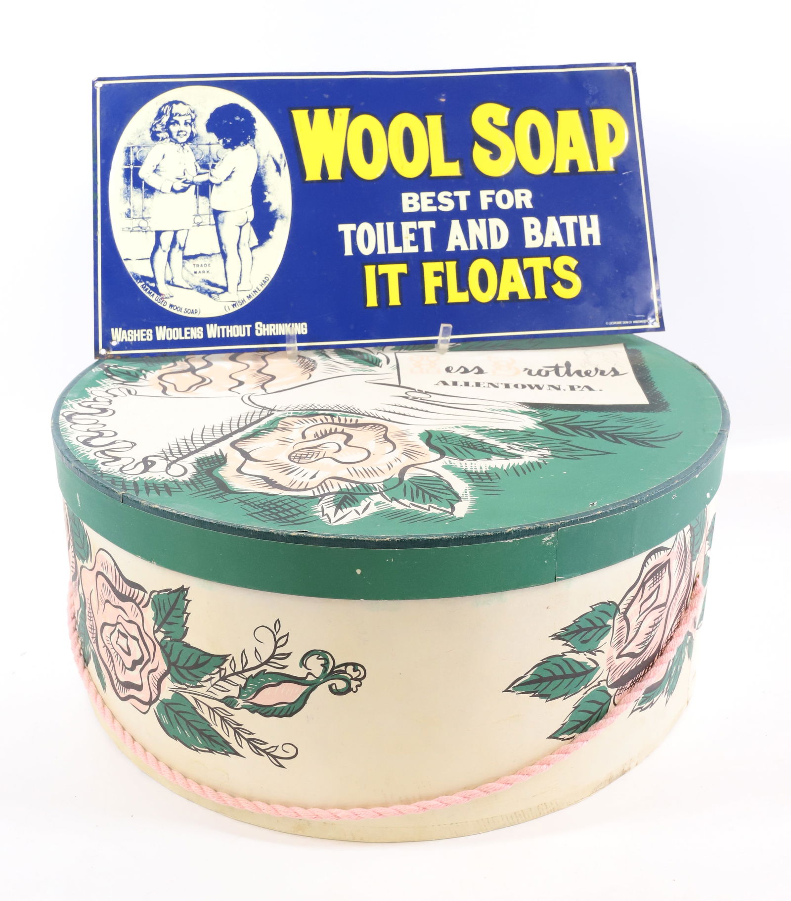 TIN ADVERTISING SIGN AND HESS BROTHERS HAT BOX (1 of 5)