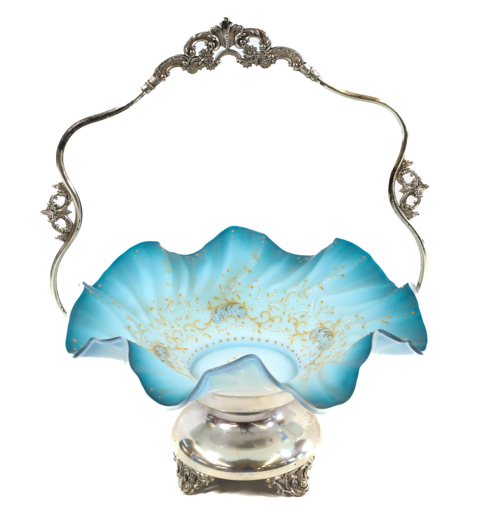 VICTORIAN BRIDE'S BASKET: BLUE DECORATED SATIN GLASS BASKET 12" D. IN PLATED BASE WITH HANDLE (MRKD. 183 WITH "W" IN SPIDER WEB MARK). PLEASE READ CAREFULLY - Terms for Purchasing and Shipping of Auction Items. Please read car