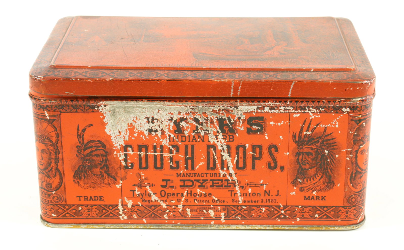 DYER'S INDIAN HERB COUGH DROPS TIN: RED AND BLACK LITHO WITH HINGED LID. PAT'D 1879. 8 1/2" L. PLEASE READ CAREFULLY - Terms for Purchasing and Shipping of Auction Items. Please read carefully before bidding. All payments for purchases 