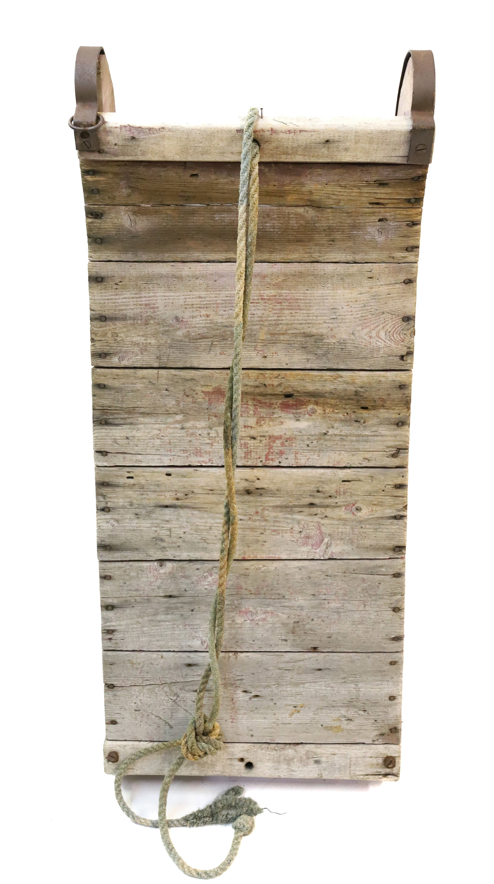 PAINTED WOODEN SLED: RED PAINTED SLATS WITH IRON RUNNERS, 38 1/2" L X 16" W PLEASE READ CAREFULLY - Terms for Purchasing and Shipping of Auction Items. Please read carefully before bidding. All payments for purchases will