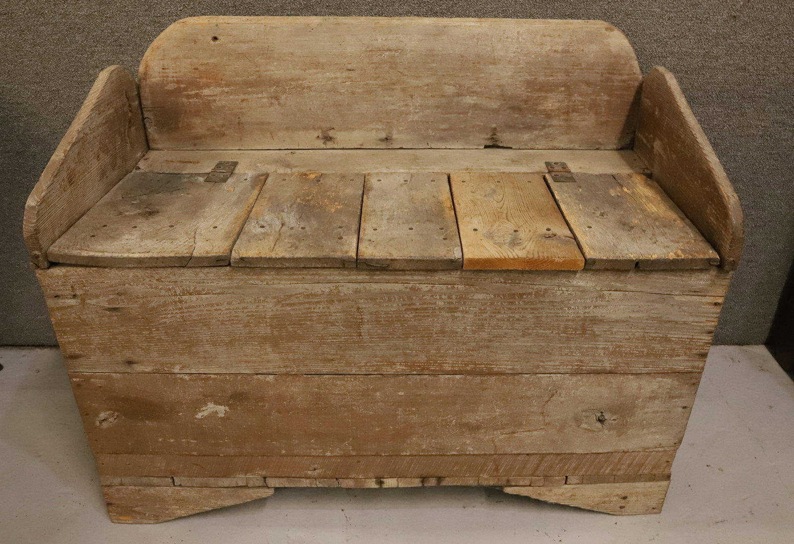 PRIMITIVE STORAGE SEAT: HINGED LID, CRUDE CONSTRUCTION - 30" X 38" X 16 1/2" PLEASE READ CAREFULLY - Terms for Purchasing and Shipping of Auction Items. Please read carefully before bidding. All payments for purchases will b