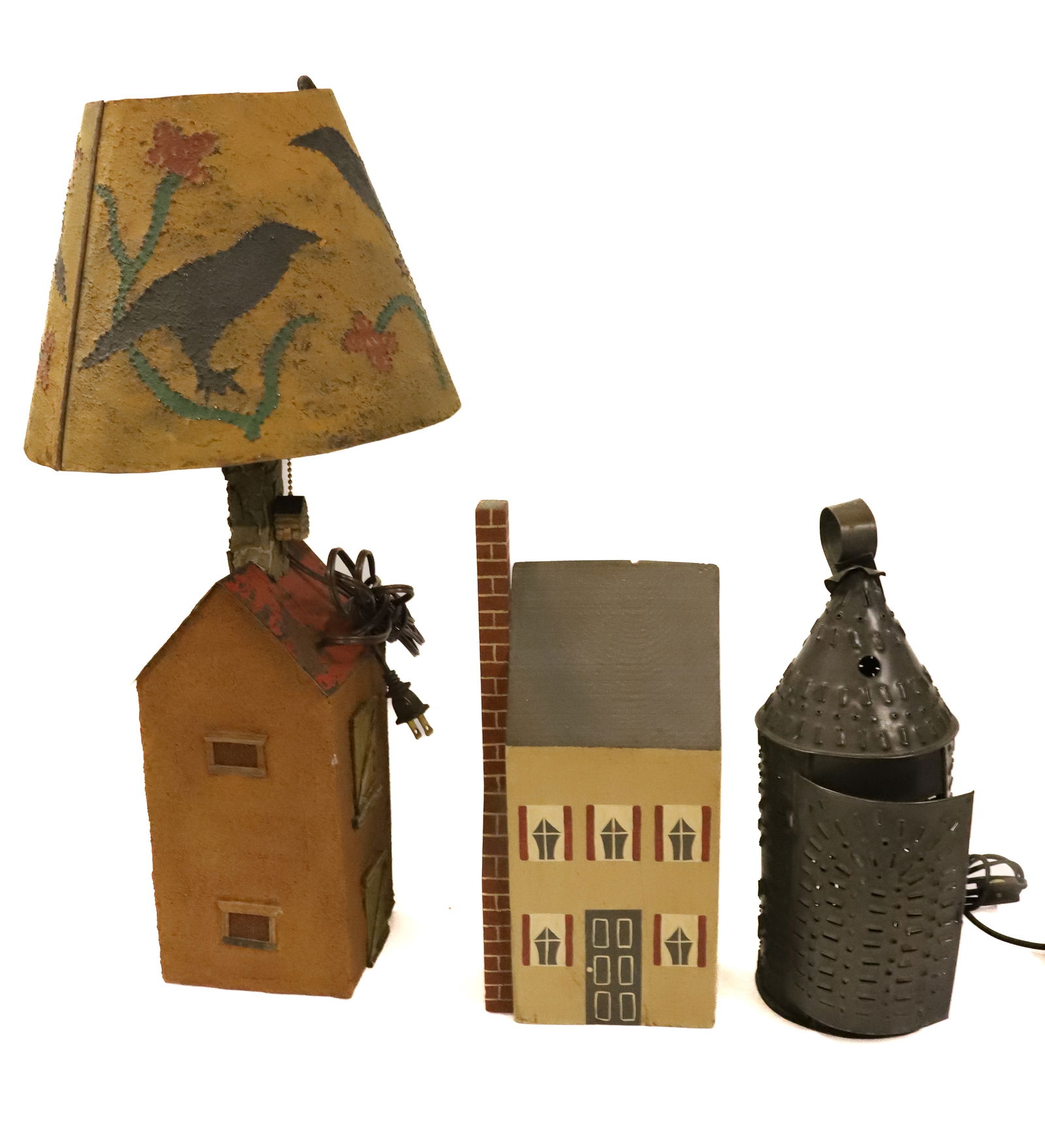 TIN LAMP, LANTERN, AND FOLK ART HOUSE (1 of 2)