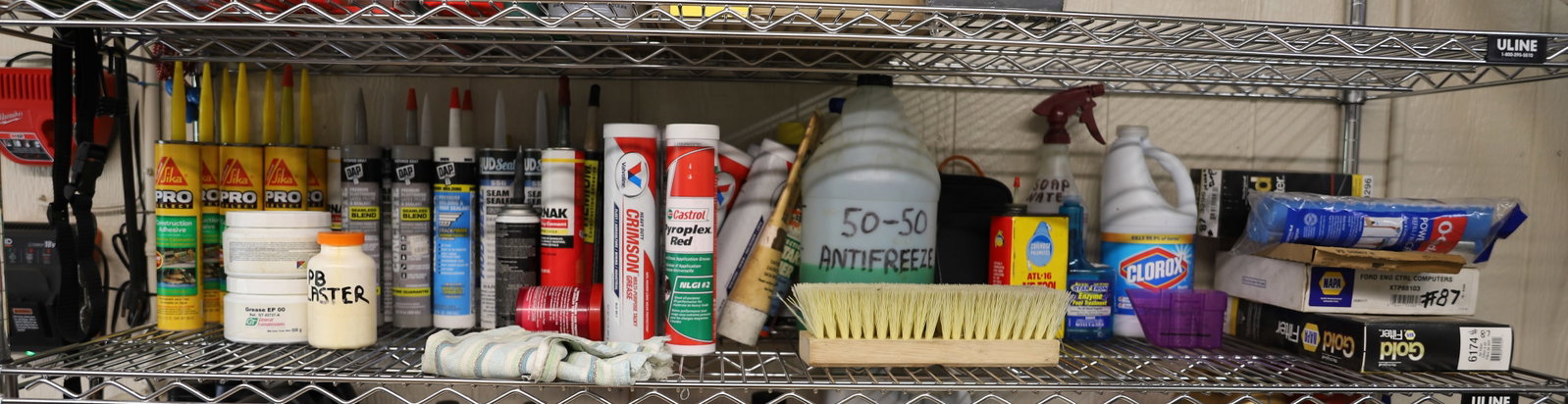 SHELF FULL OF SUPPLIES: CRIMSON GREASE, DAP CAULKING, PROSELECT AND MORE Terms: THIS SALE IS AN ONLINE ONLY TOOL AND EQUIPMENT AUCTION. PLEASE READ CAREFULLY..... THERE ARE (2) LOCATIONS FOR THE ITEMS LISTED: LOTS 1 TO 286 A