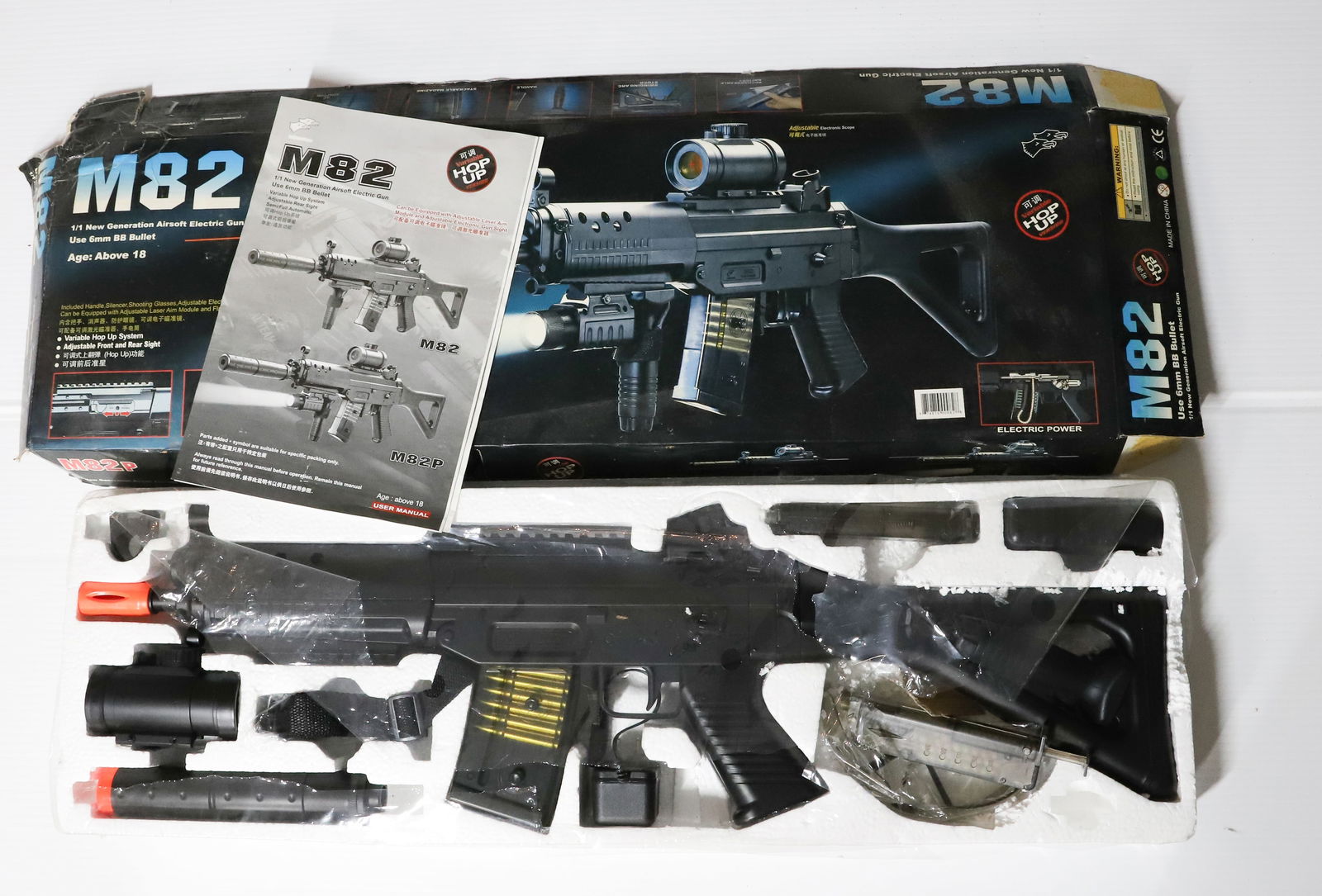 M82-P ELECTRIC BB GUN HOP UP: NEW IN BOX NEW GENERATION AIRSOFT ELECTRIC GUN 30" X 10" Terms: PLEASE READ CAREFULLY -THIS IS AN ONSITE AND ONLINE ONLY AUCTION. PICK UP WILL BE AT 5115 ANONA RD, STROUDSBURG, PA 18360 AND WILL ONLY