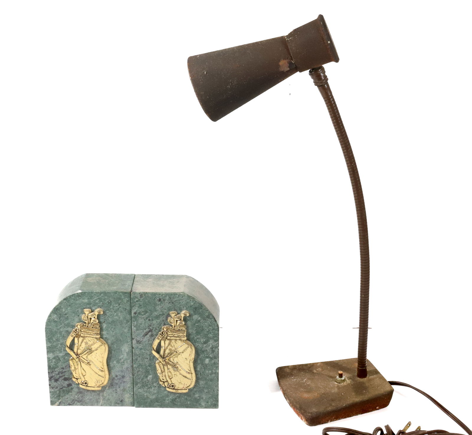 STONE BOOKENDS/LAMP: GOOSENECK DESK LAMP, GREEN STONE BOOKENDS WITH BRASS GOLF CLUBS IN BAG 6" X 4" EACH Terms: PLEASE READ CAREFULLY -THIS IS AN ONSITE AND ONLINE ONLY AUCTION. PICK UP WILL BE AT 5115 ANONA RD, STROUDSBU
