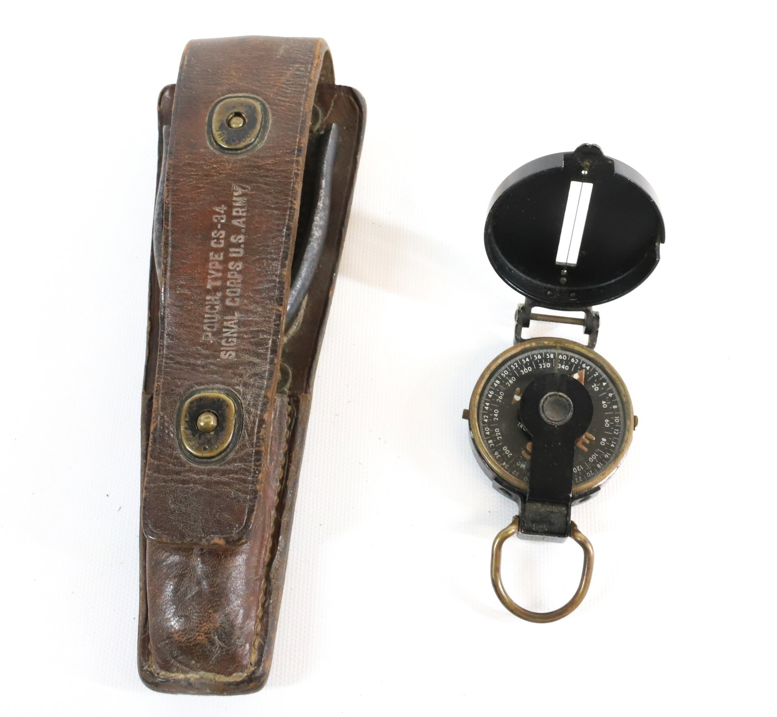 US ARMY CORPS. TOOL AND COMPASS: GURLEY COMPASS AND US ARMY TOOL INCLUDING KNIFE/PLIERS IN ORIGINAL LEATHER POUCH MRKD. CS-34 SIGNAL CORP. U.S. ARMY. Registration: Terms: